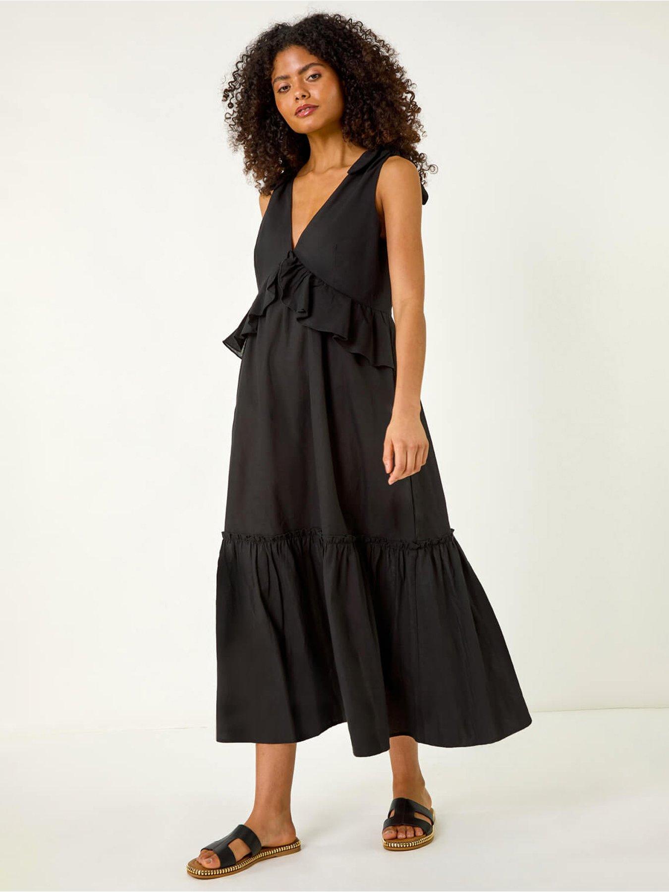 Roman Bow Detail Poplin Midi Dress - Black