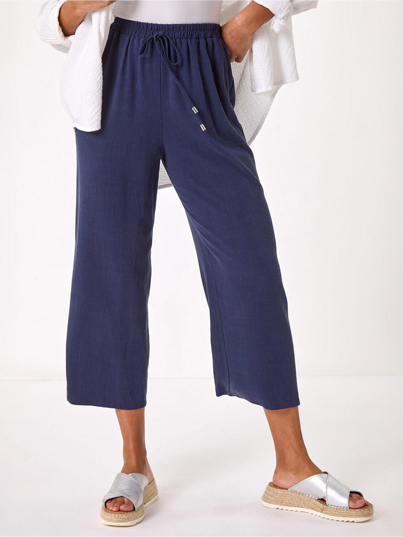 Roman Cropped Linen Trousers - Navy