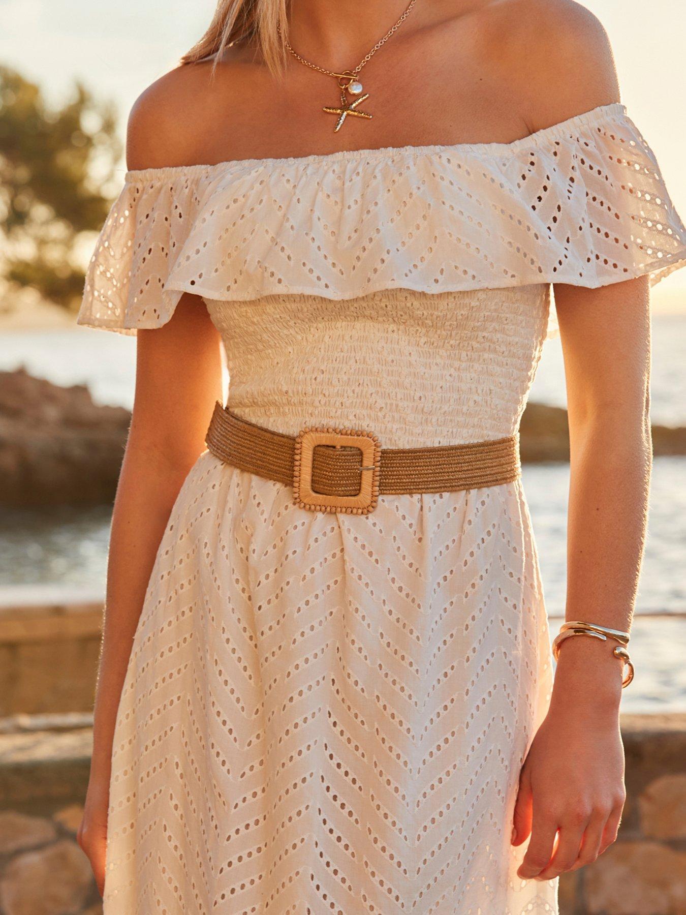 Image 4 of 5 of Sosandar Broderie Bardot Belted Midi Dress - White