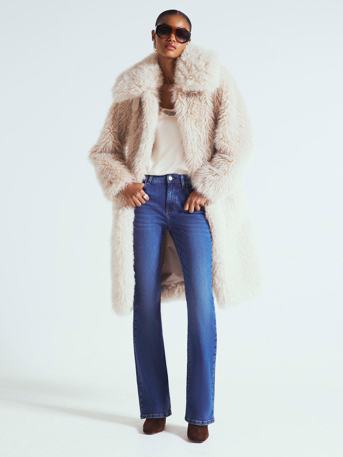 River Island Mixed Curly Zip Faux Fur Jacket - Cream