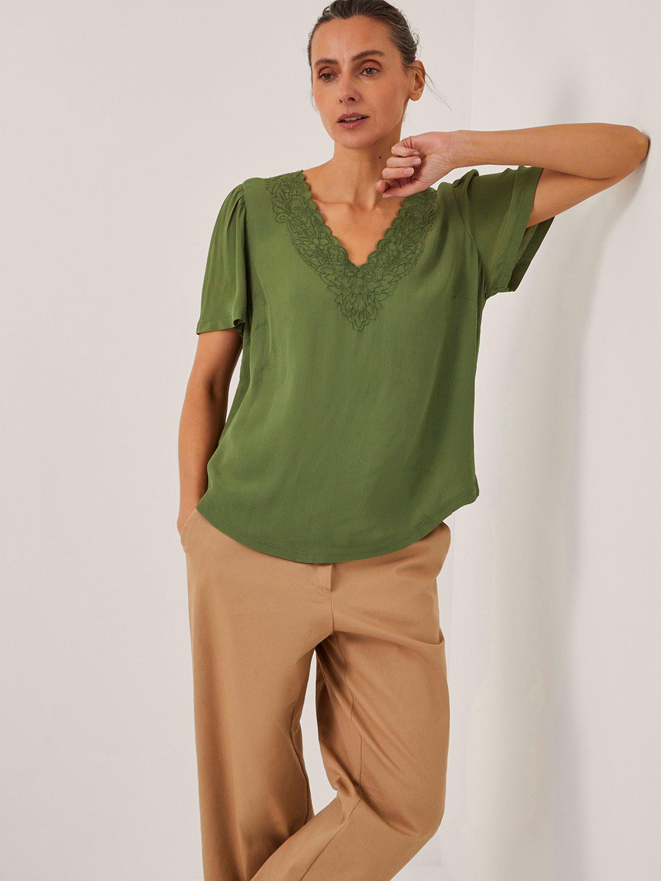 Monsoon Lisa Lace Detail T-Shirt - Khaki