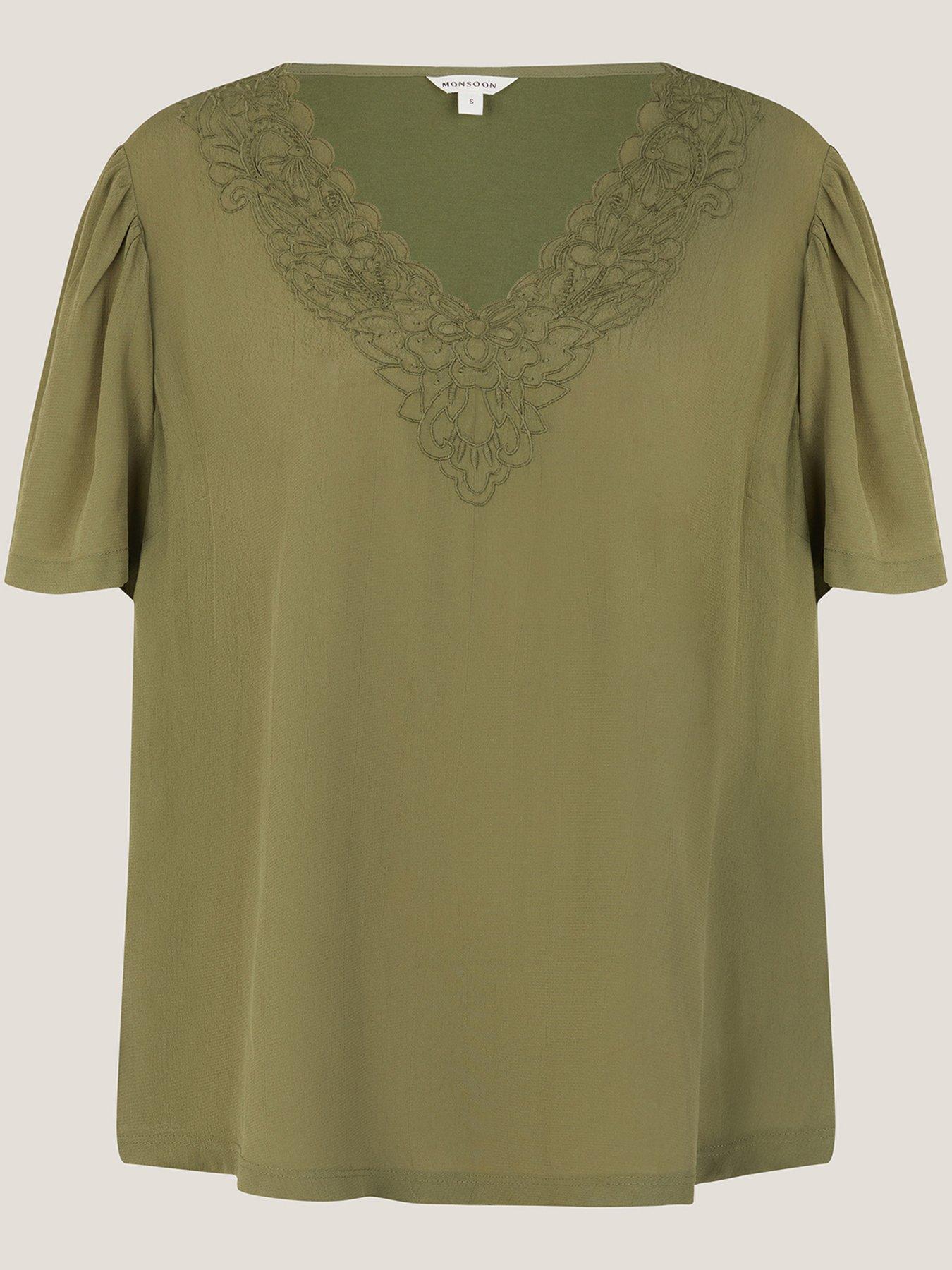Image 3 of 5 of Monsoon Lisa Lace Detail T-Shirt - Khaki