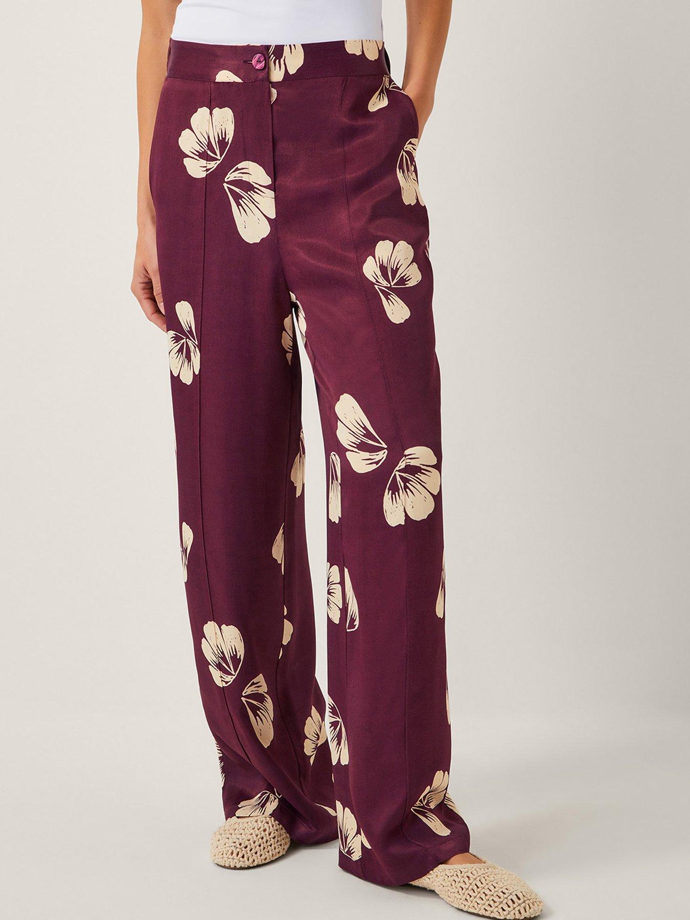 Image 1 of 6 of Monsoon Roz Floral Trousers - Burgundy