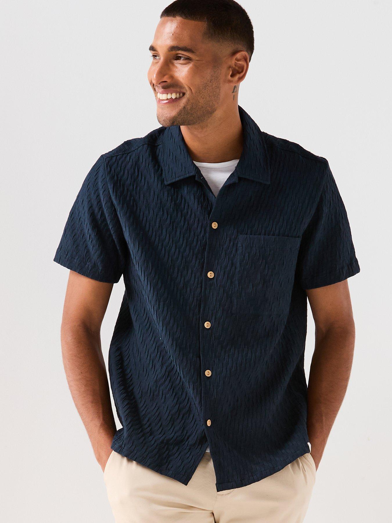 Farah Farah Finn Textured Relaxed Short Sleeve Shirt- Navy