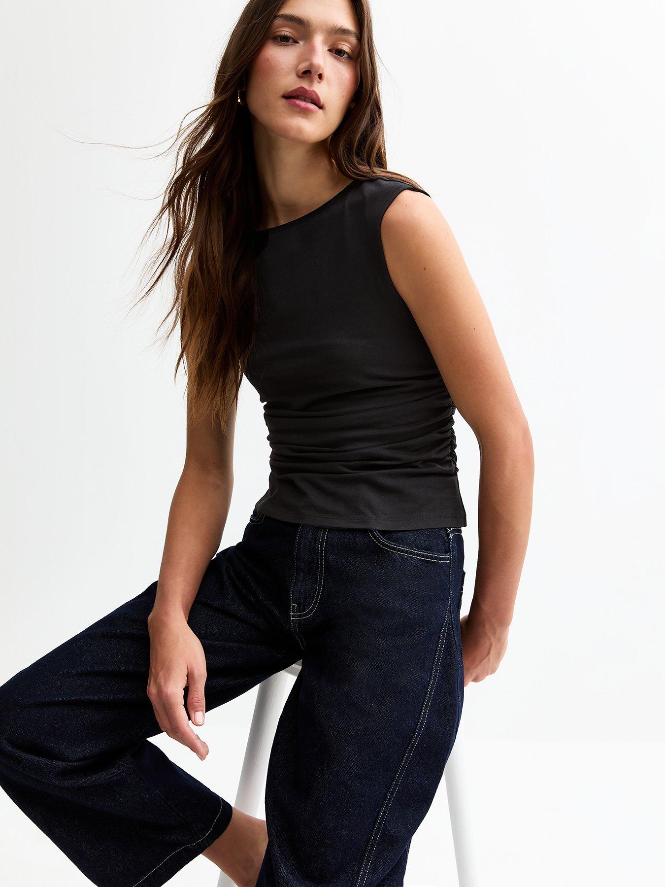 Image of New Look Black Jersey Cap Sleeve Ruched Tank Top