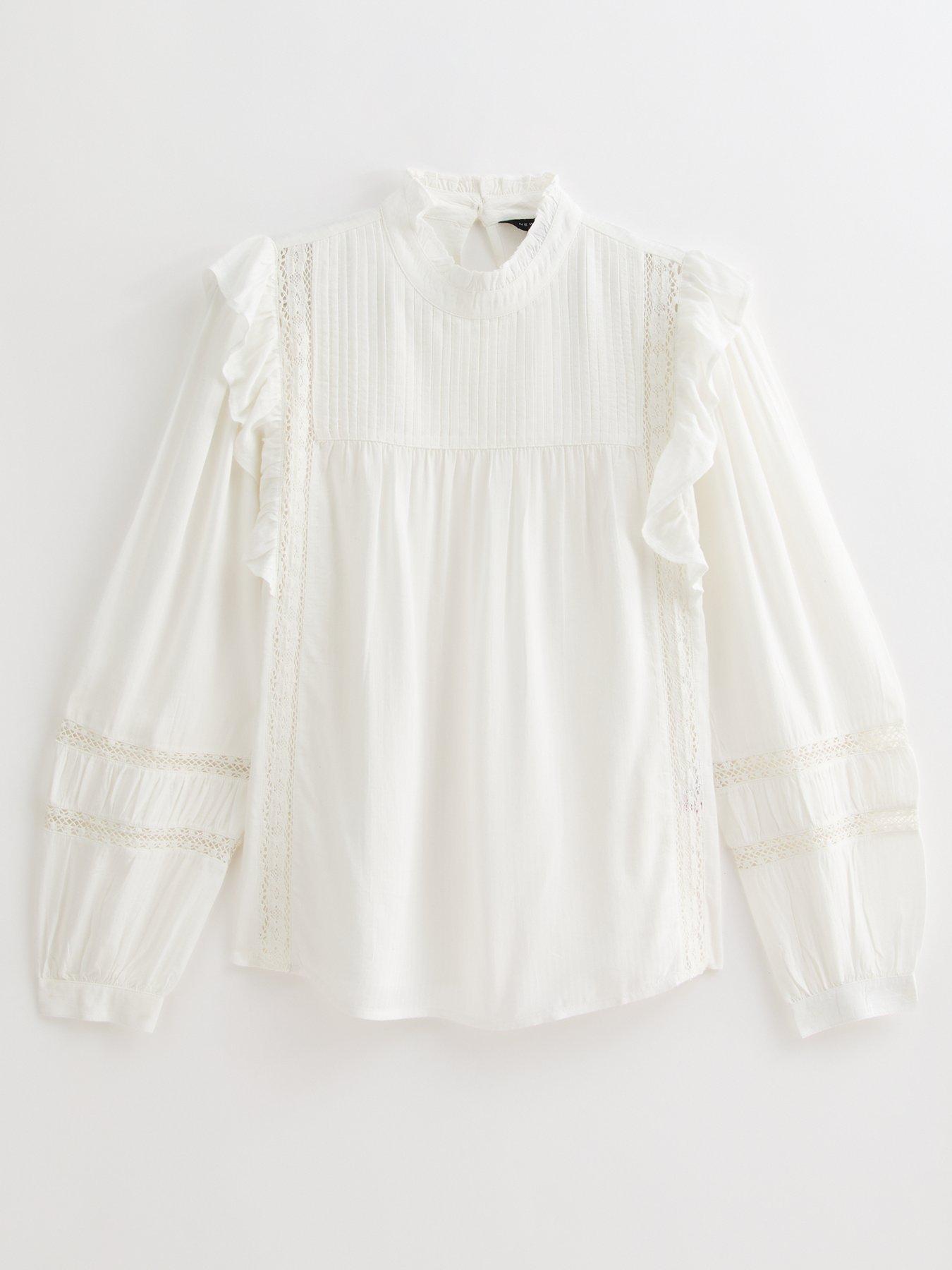Image of New Look Frilly Trimmed Lace Insert Blouse - White