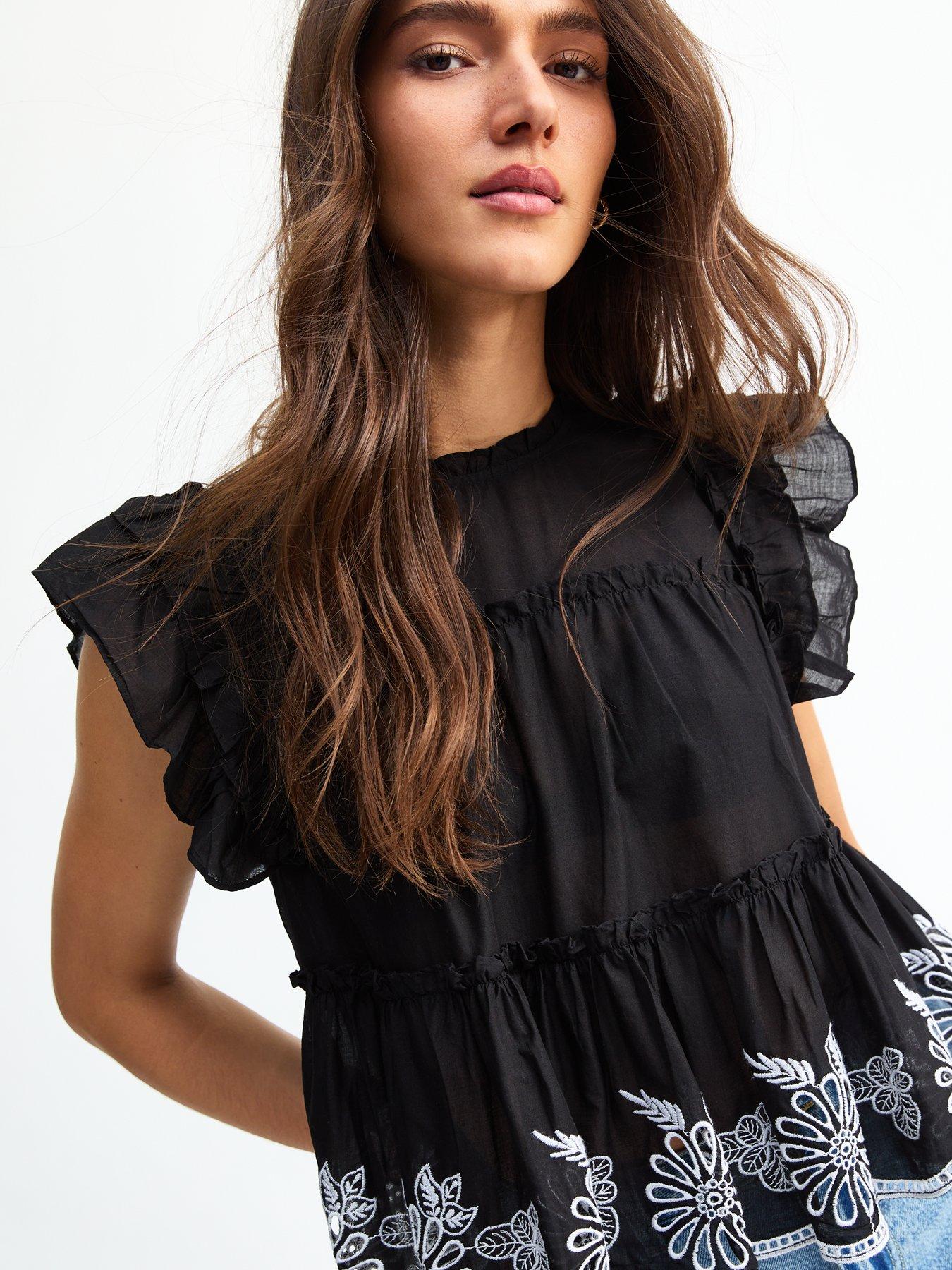 Image 1 of 5 of New Look Black Floral Embroidered Frilly Trim Top