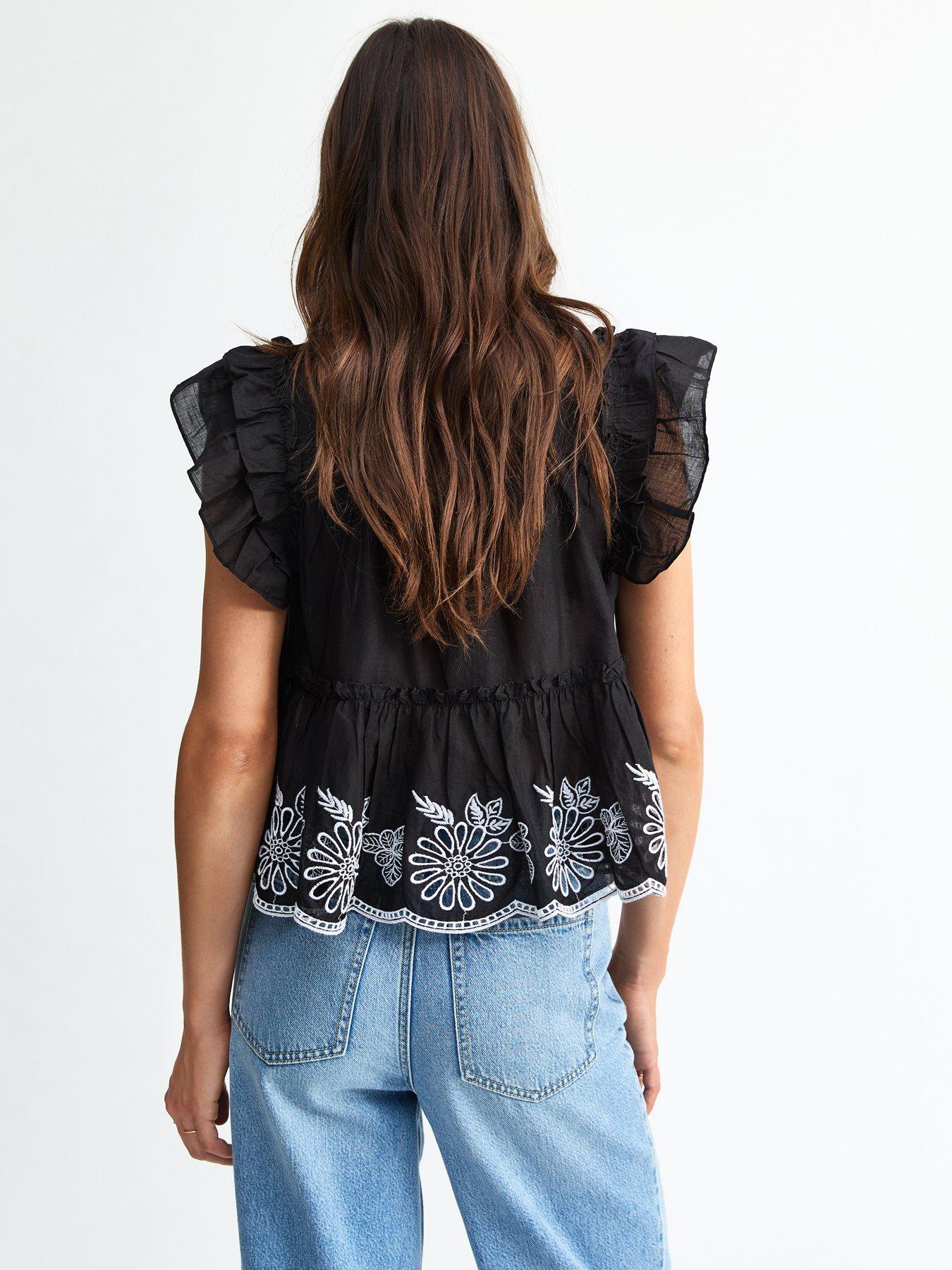 Image 2 of 5 of New Look Black Floral Embroidered Frilly Trim Top