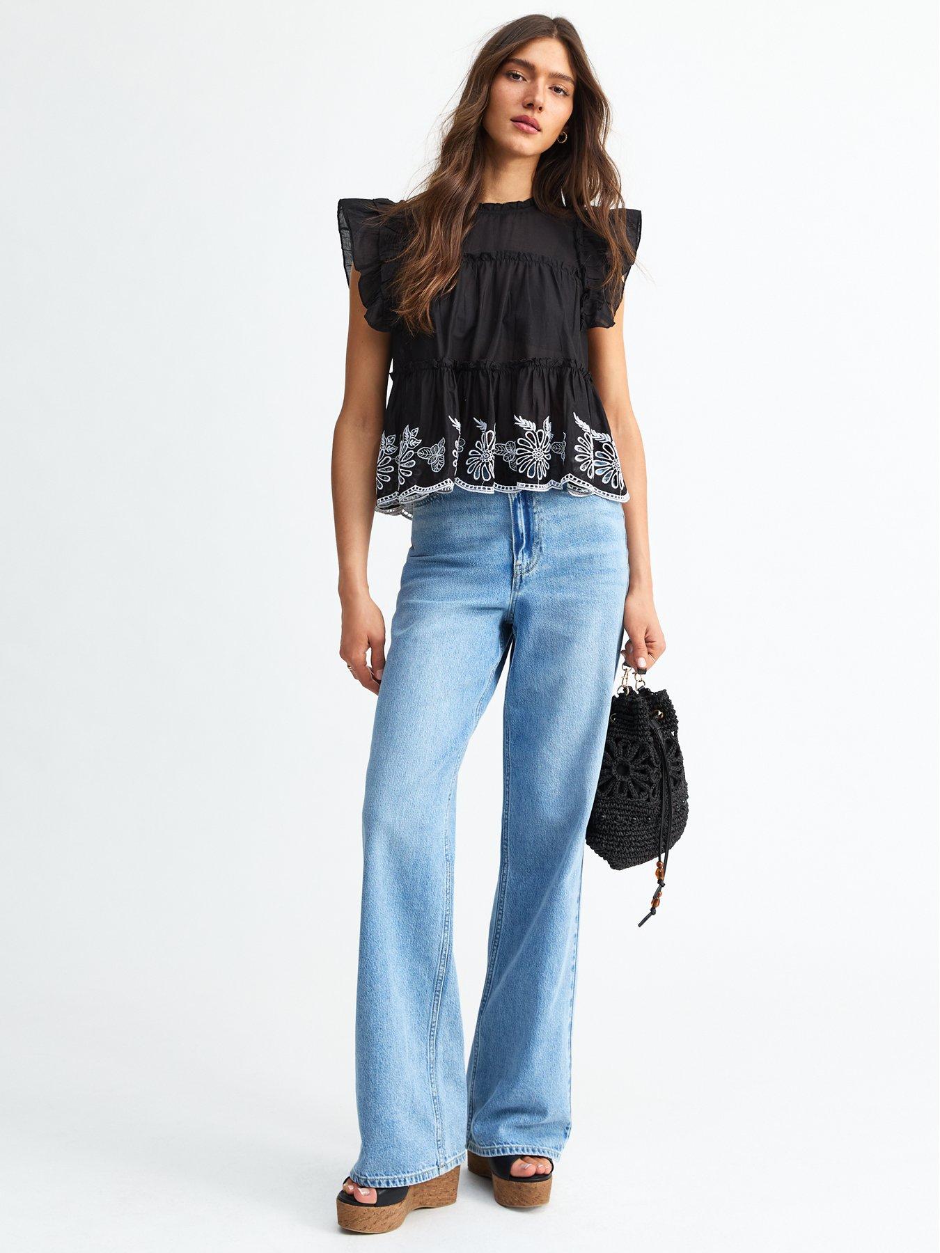 Image 3 of 5 of New Look Black Floral Embroidered Frilly Trim Top