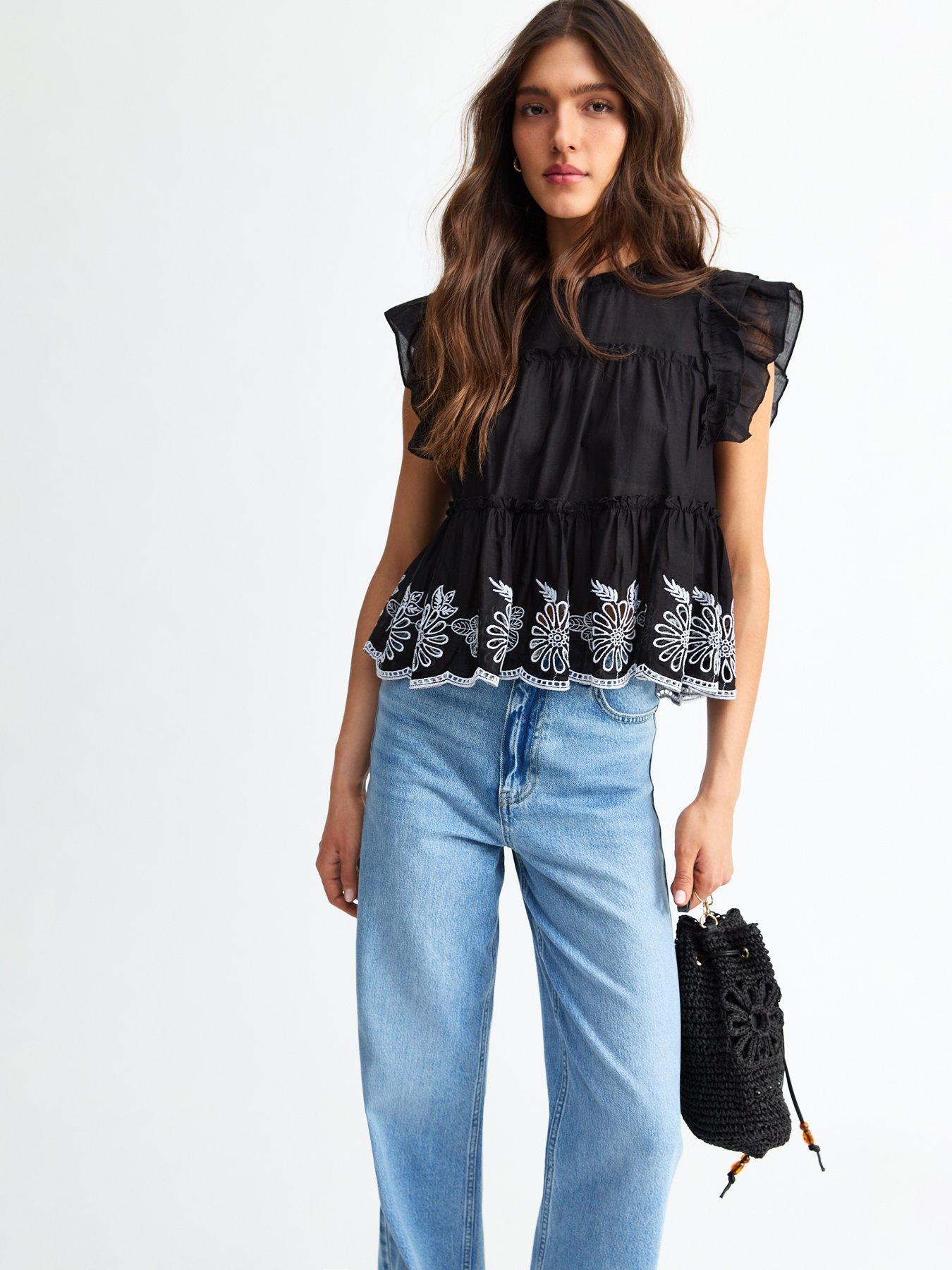 Image 4 of 5 of New Look Black Floral Embroidered Frilly Trim Top