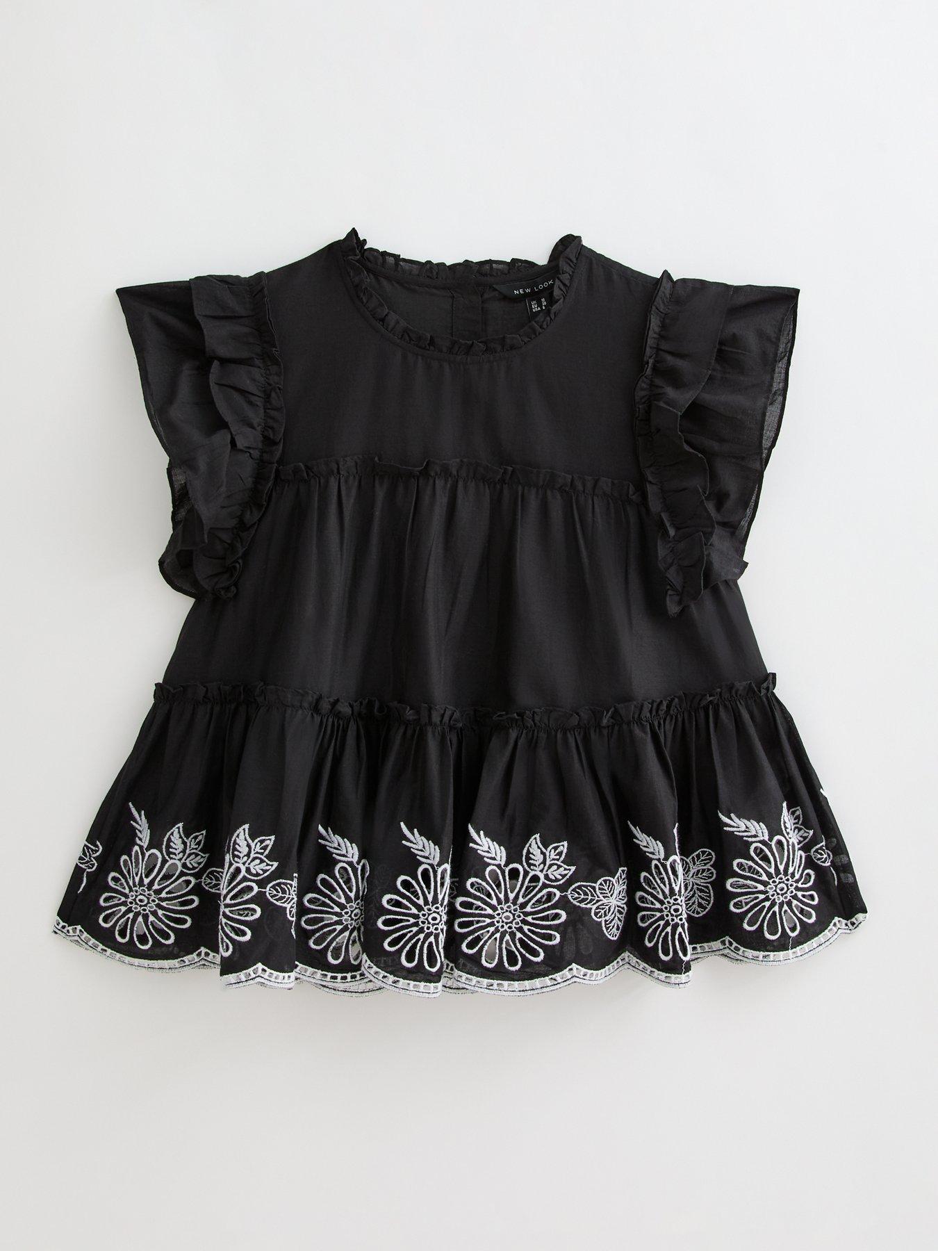 Image 5 of 5 of New Look Black Floral Embroidered Frilly Trim Top