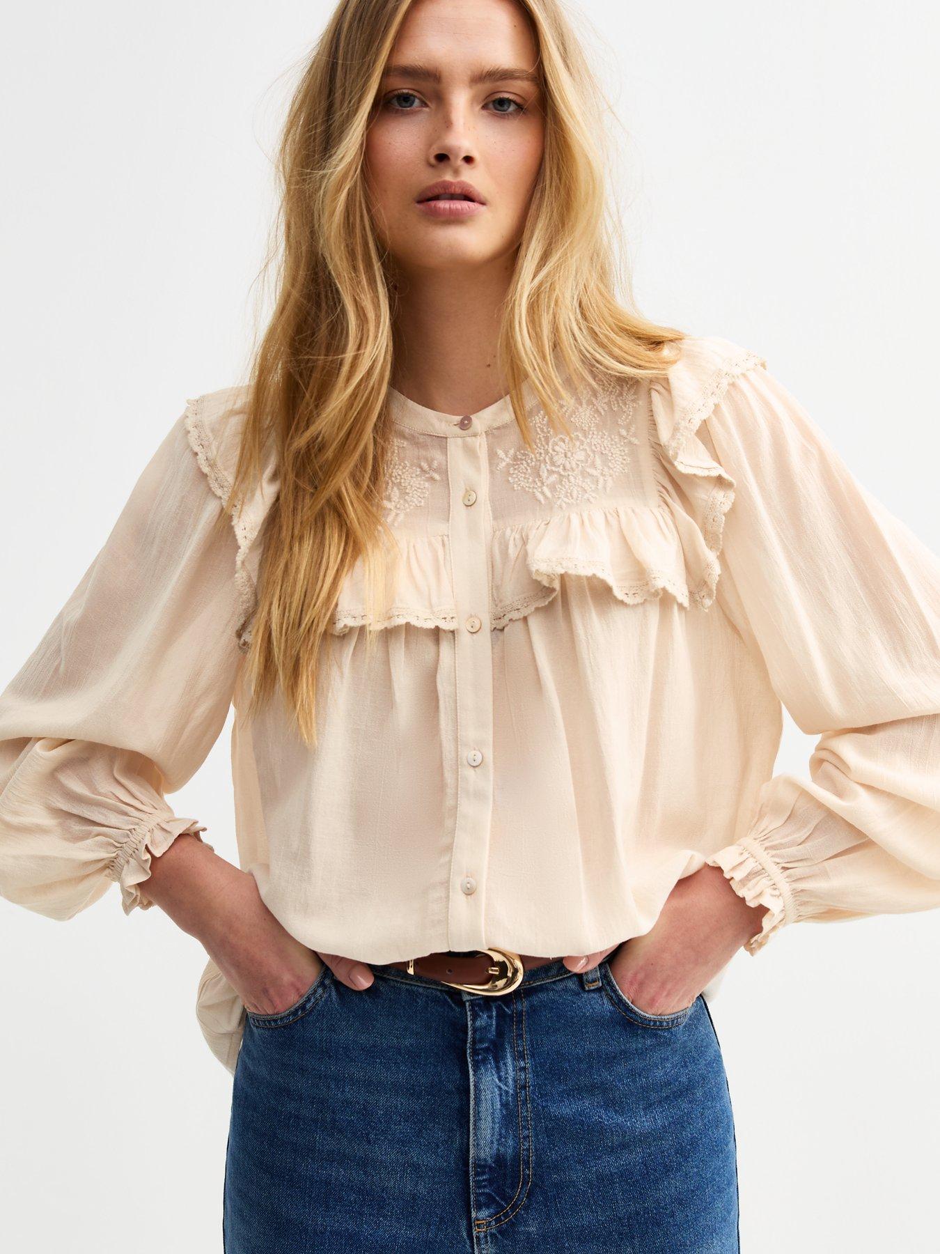 New Look Cream Floral Embroidered Frill Trim Blouse - Pink