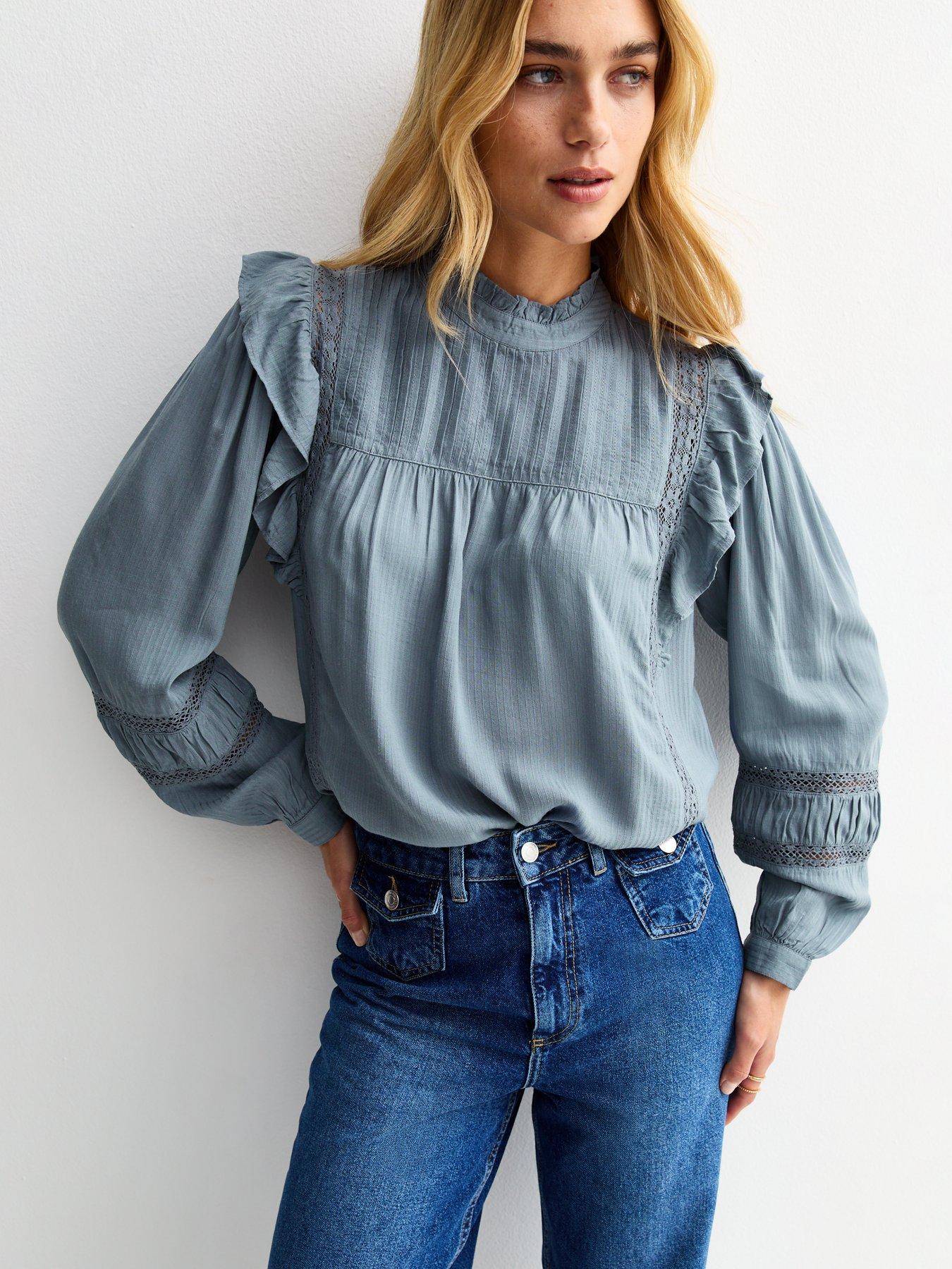 Image of New Look Frilly Trimmed Lace Insert Blouse - Blue