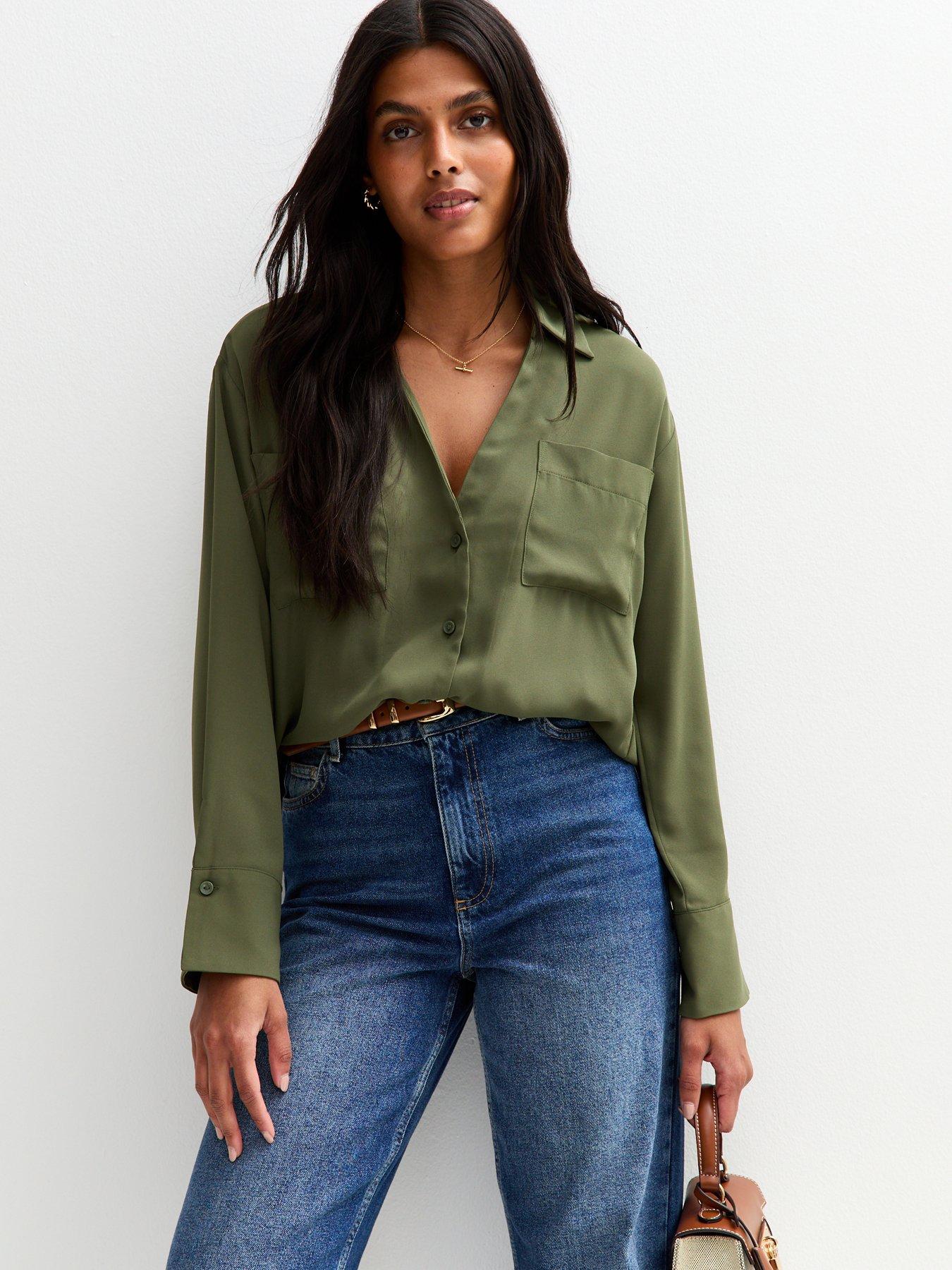 Image of New Look V-Neck Curved Hem Shirt - Green