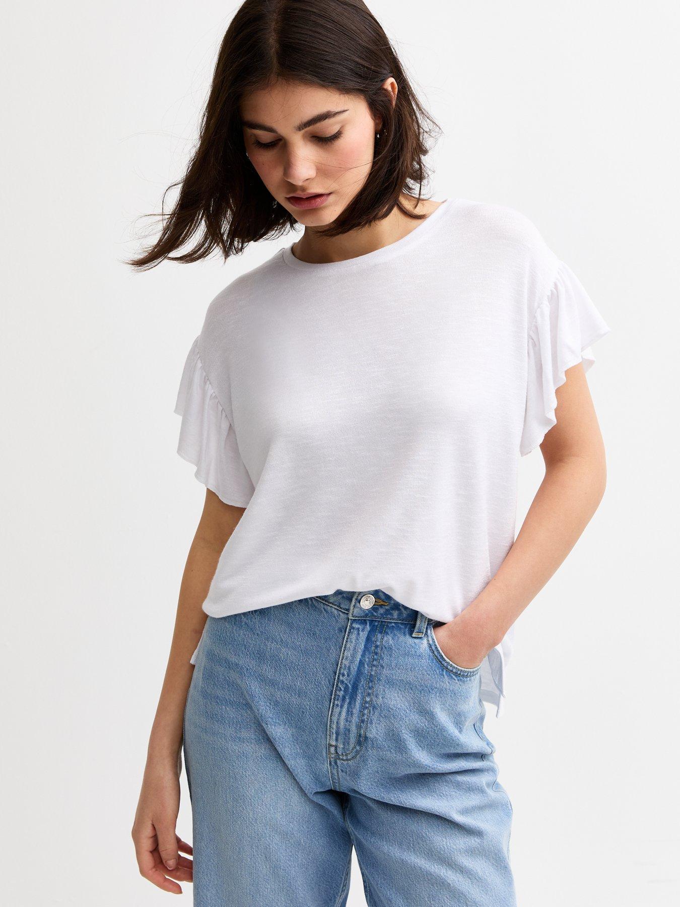 Image of New Look Textured Frilly Trim Top - White
