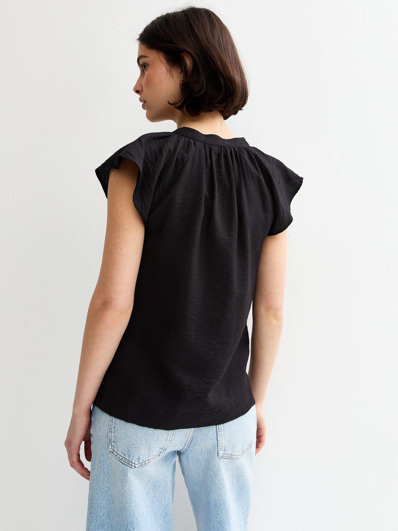 new-look-black-flutter-sleeve-button-up-topstillFront
