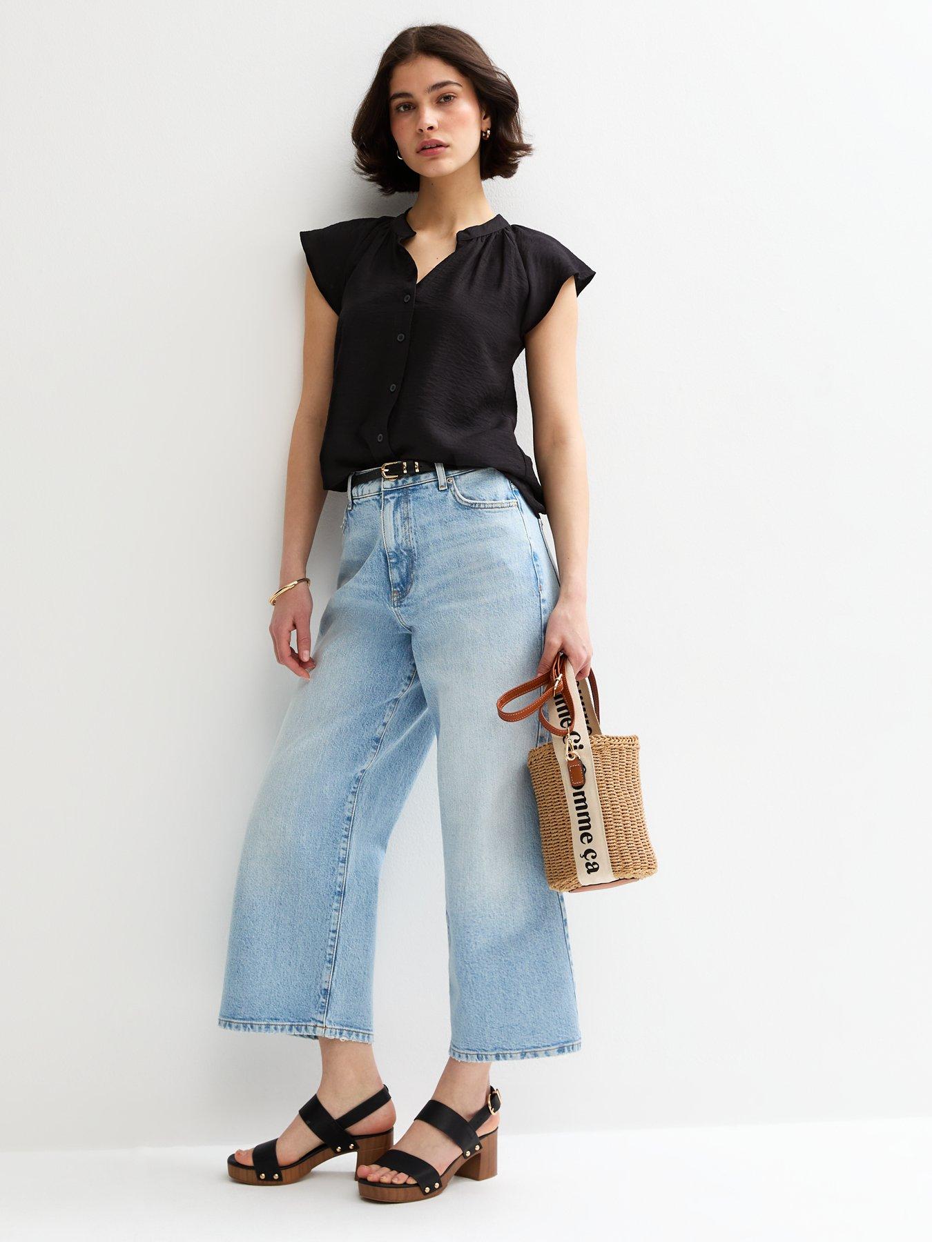 new-look-black-flutter-sleeve-button-up-topback