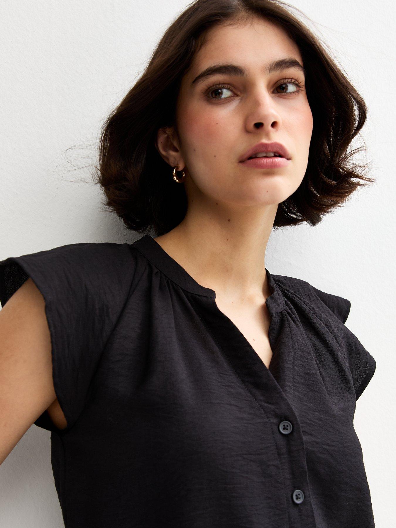 new-look-black-flutter-sleeve-button-up-topoutfit