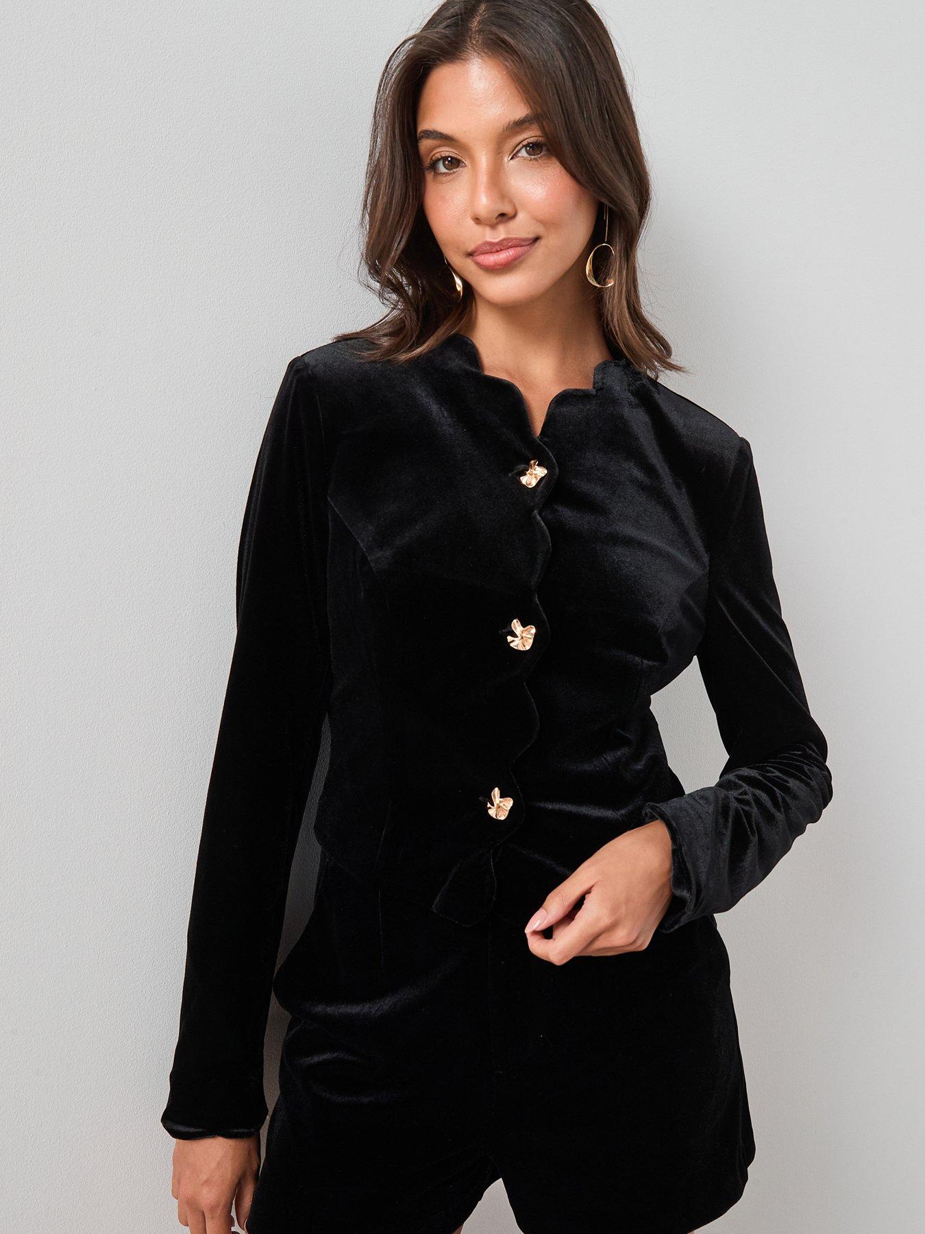The Very Collection Velvet Scallop Edge Trim Jacket - Black