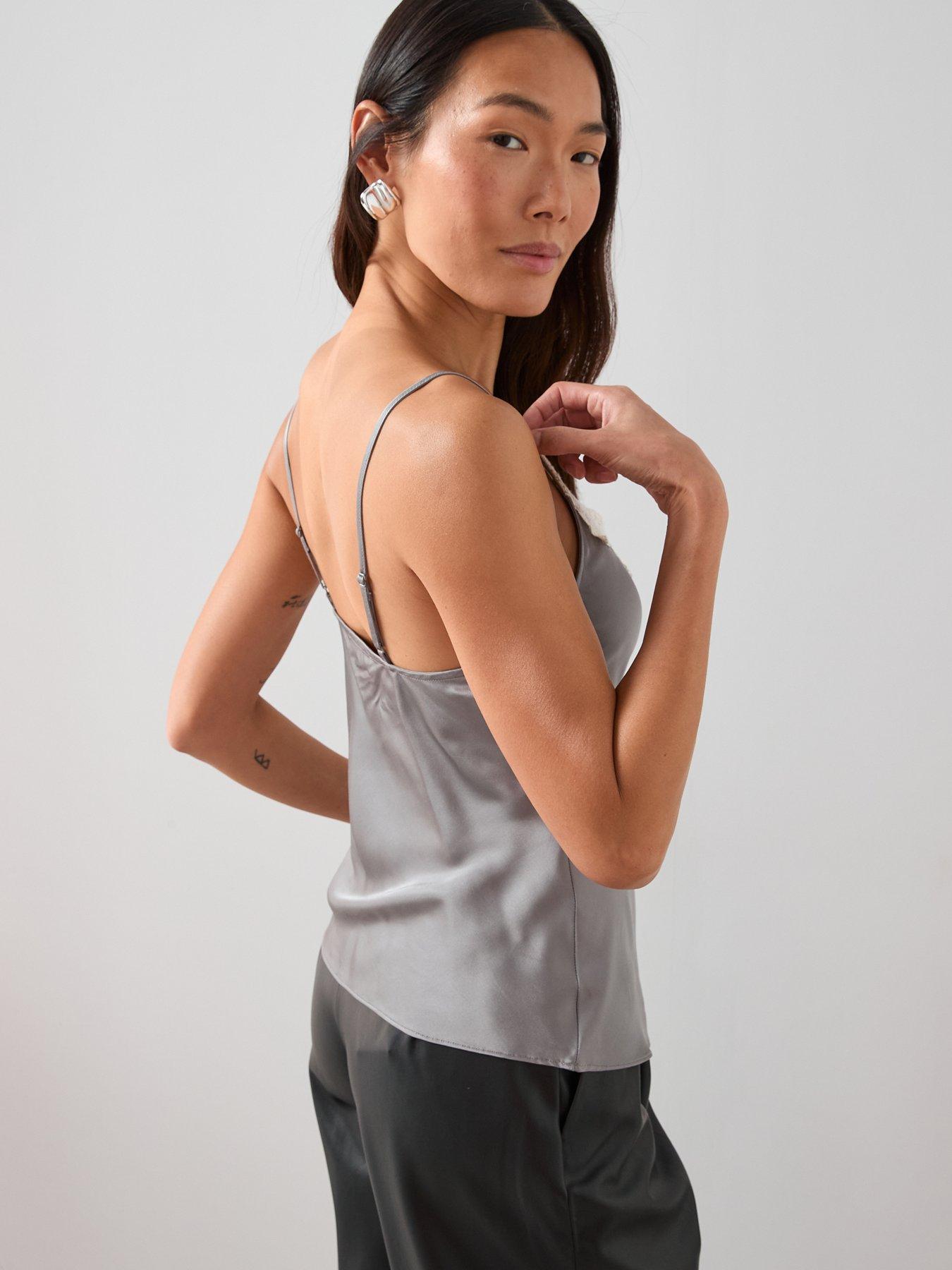 Image 2 of 7 of The Very Collection Lace Trim Satin Cami Top - Grey