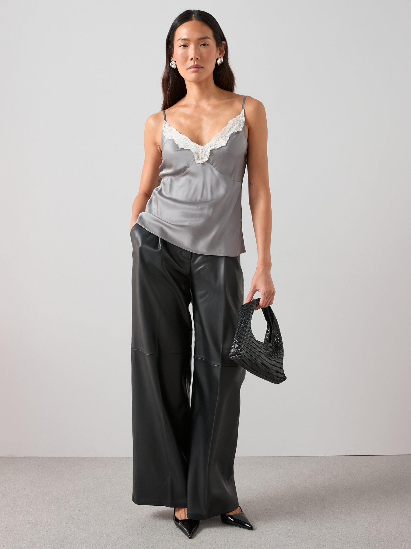 Image 3 of 7 of The Very Collection Lace Trim Satin Cami Top - Grey