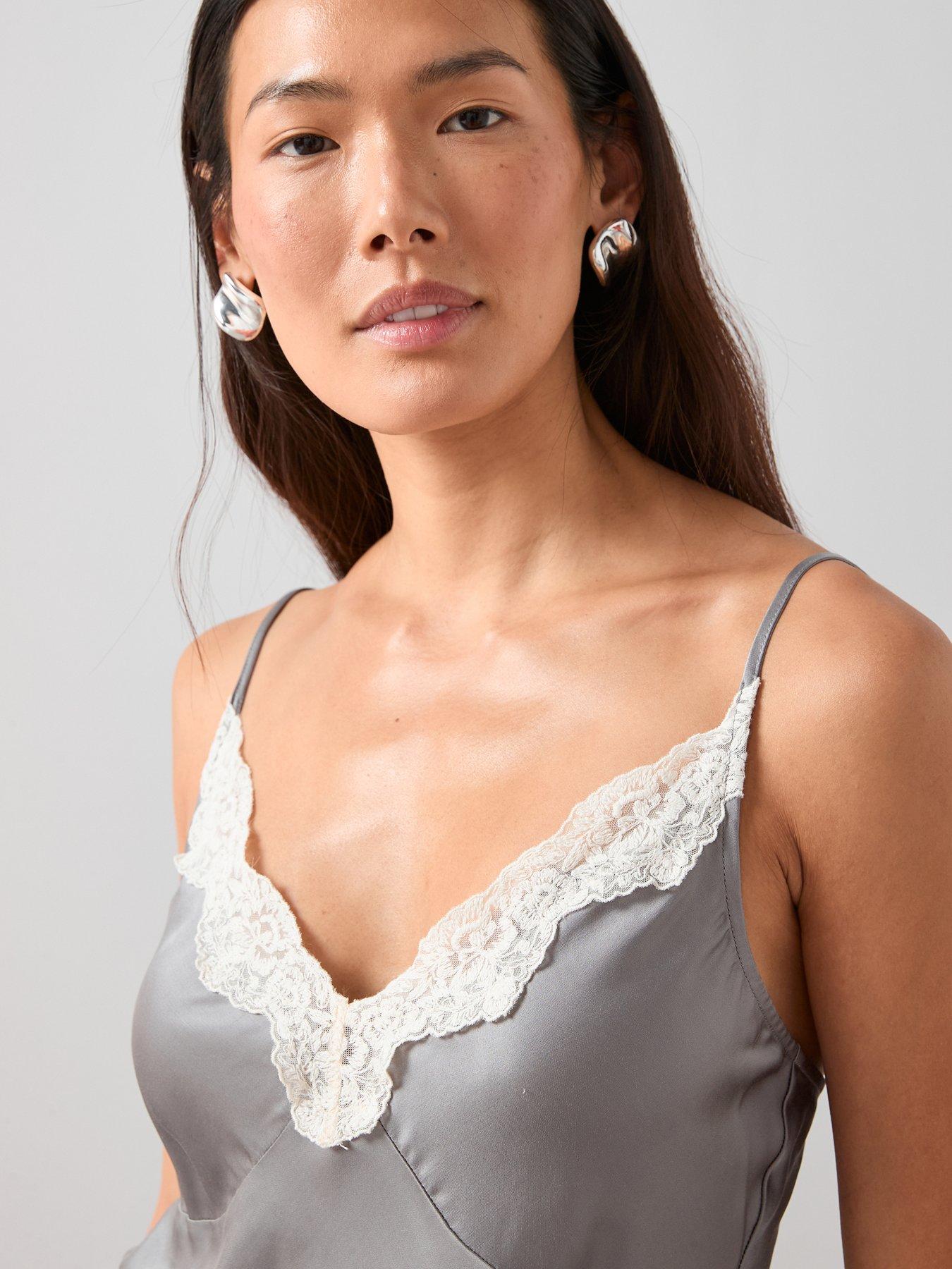 Image 4 of 7 of The Very Collection Lace Trim Satin Cami Top - Grey