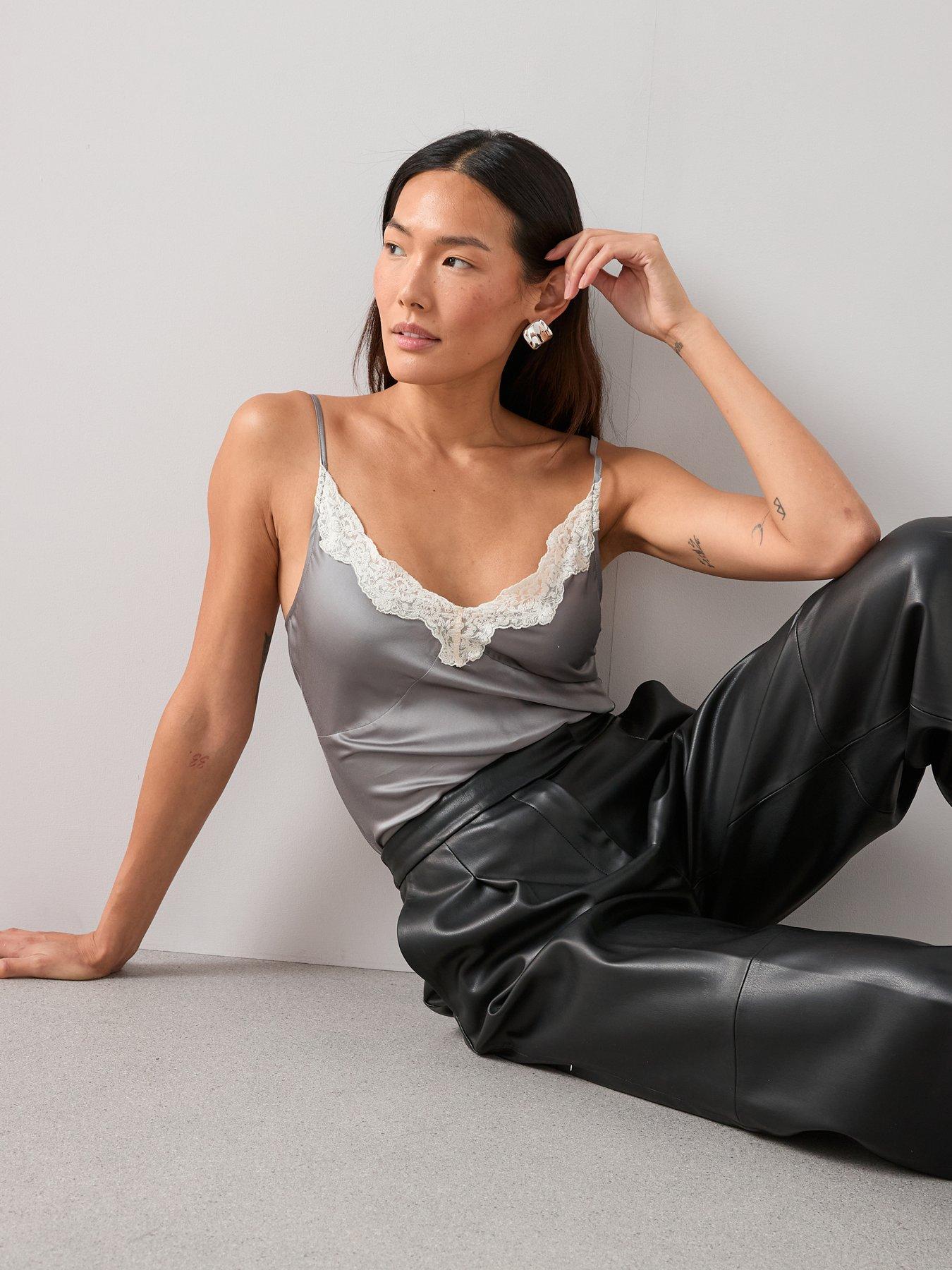 Image 6 of 7 of The Very Collection Lace Trim Satin Cami Top - Grey