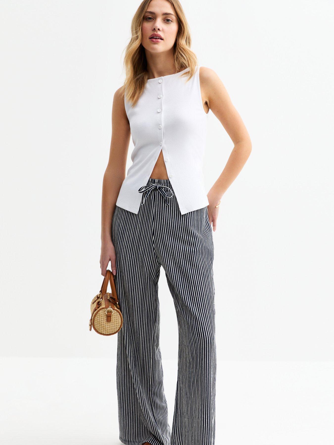 Image 1 of 4 of New Look Blue Striped Drawstring Waist Wide Leg Trousers