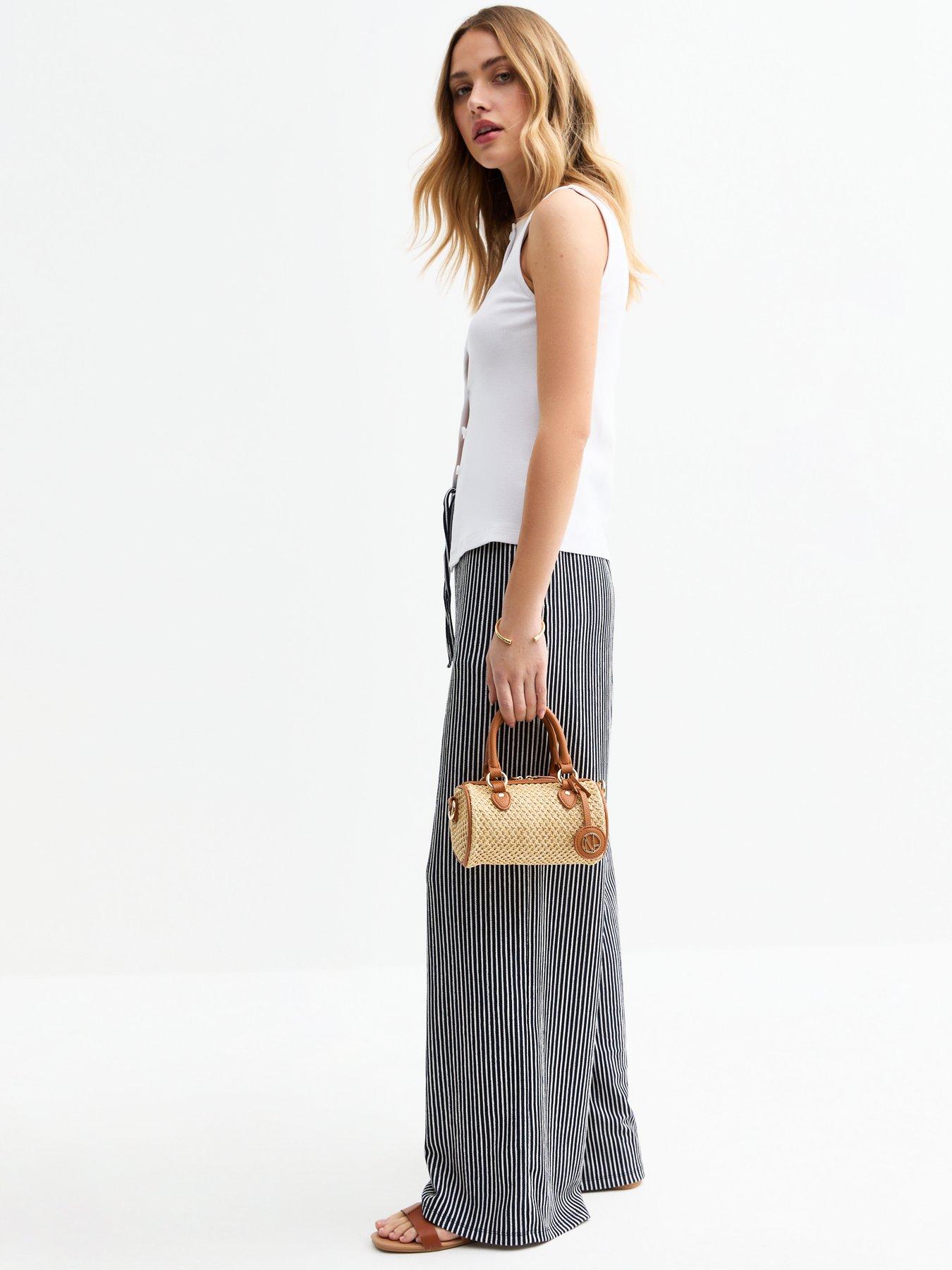 Image 3 of 4 of New Look Blue Striped Drawstring Waist Wide Leg Trousers