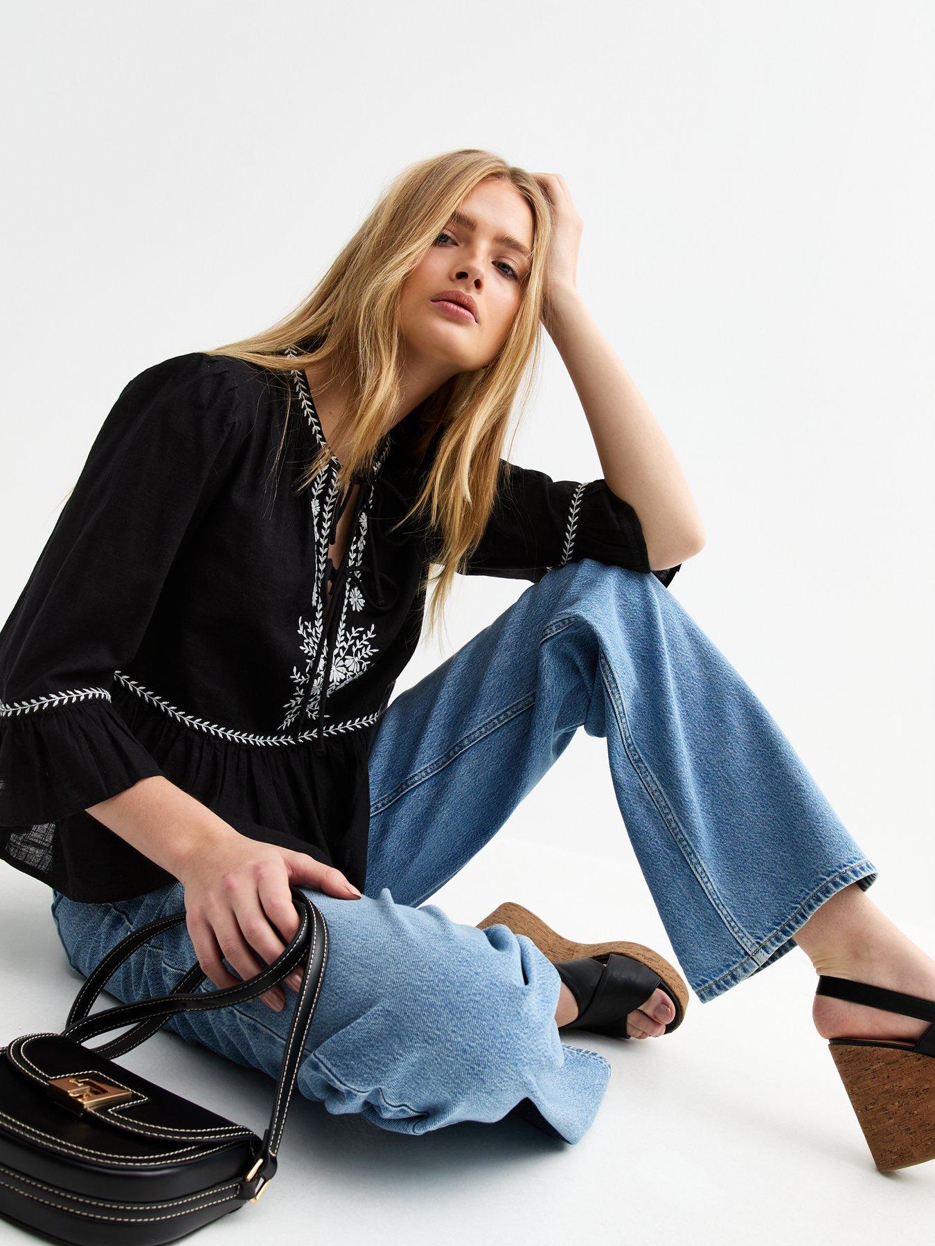 New Look Floral Embroidered Tie Front Smock Top - Black