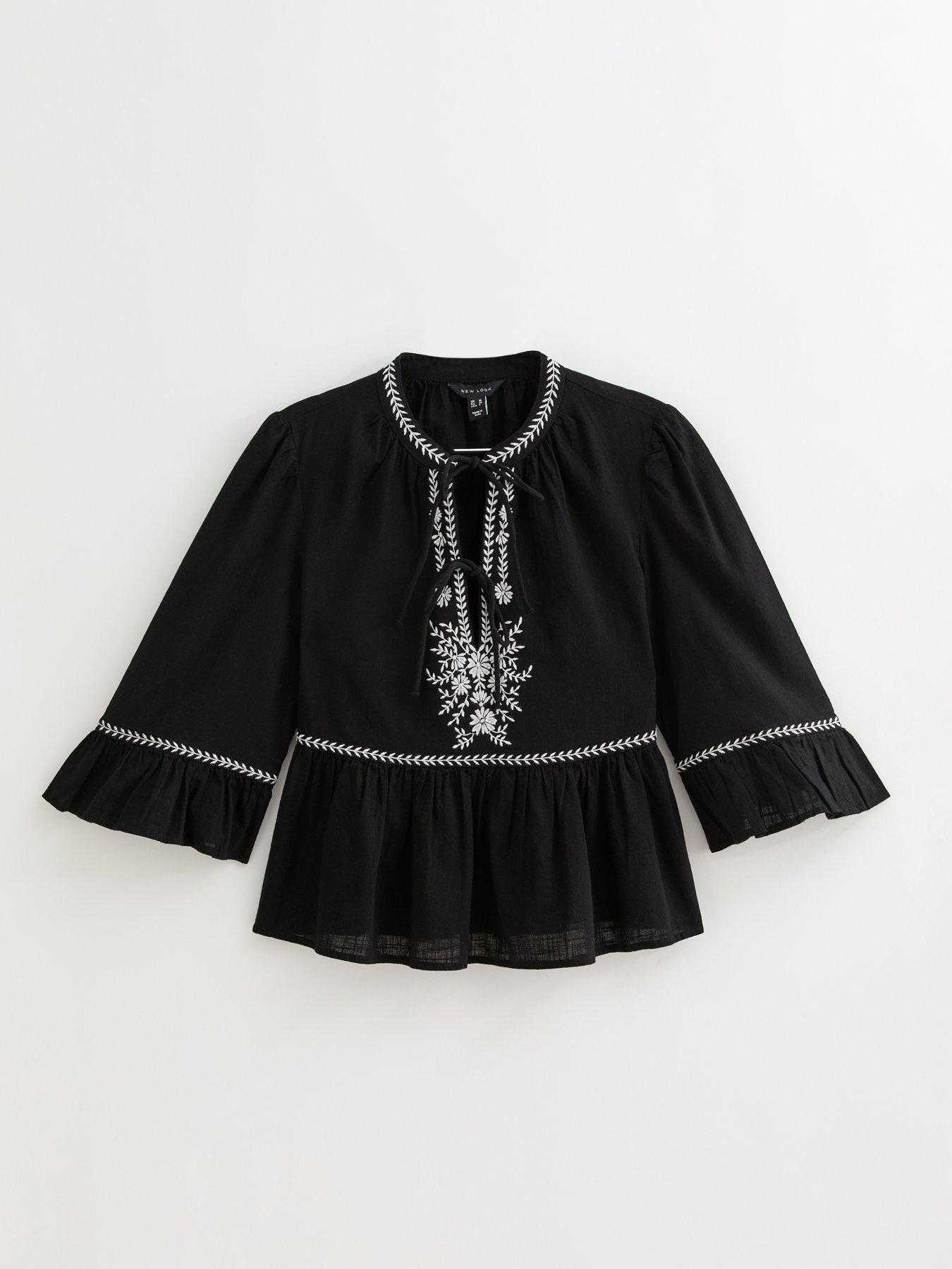 new-look-floral-embroidered-tie-front-smock-top-blackdetail