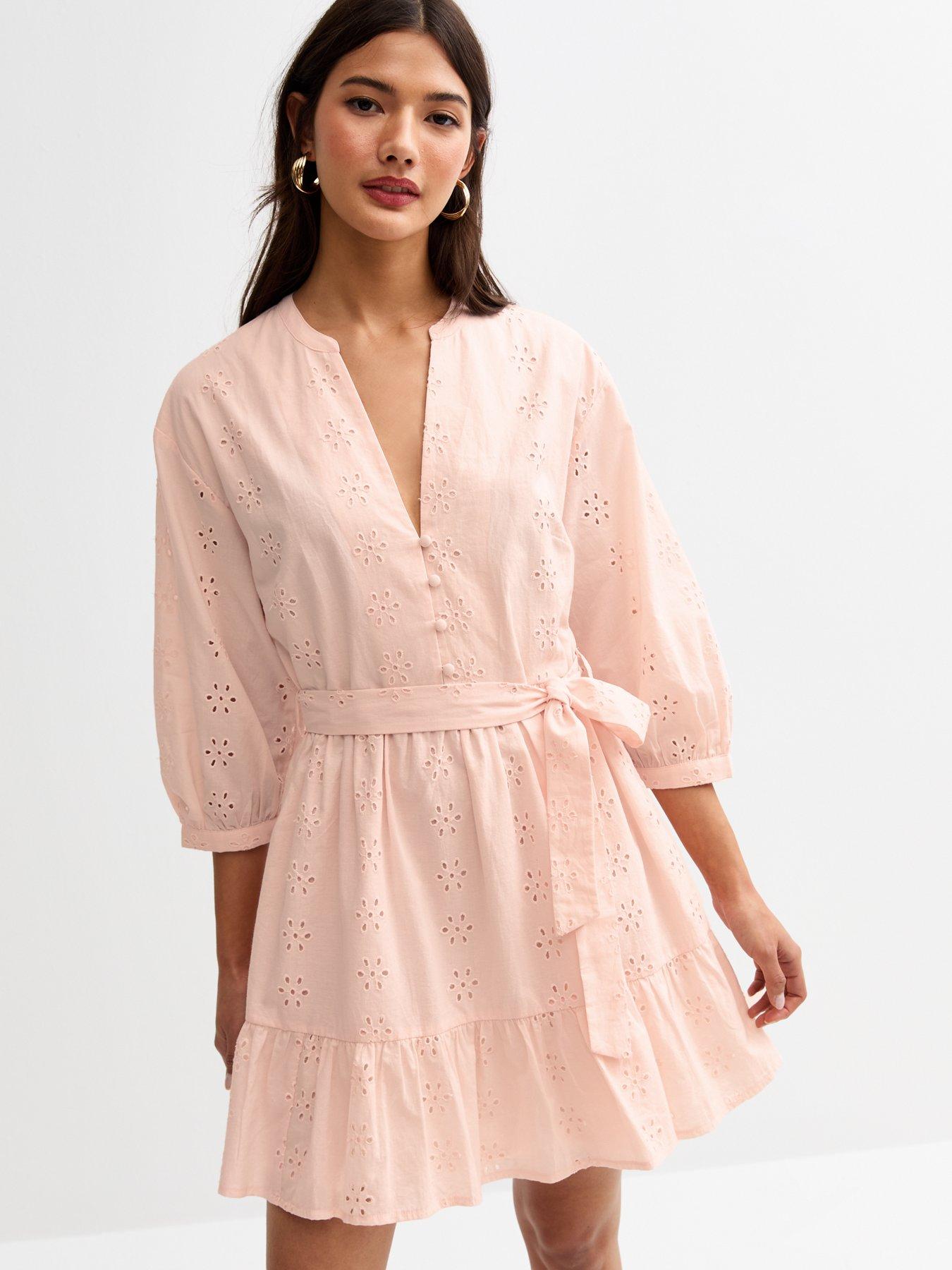 New Look Broderie Long Sleeve Smock Dress - Light Pink