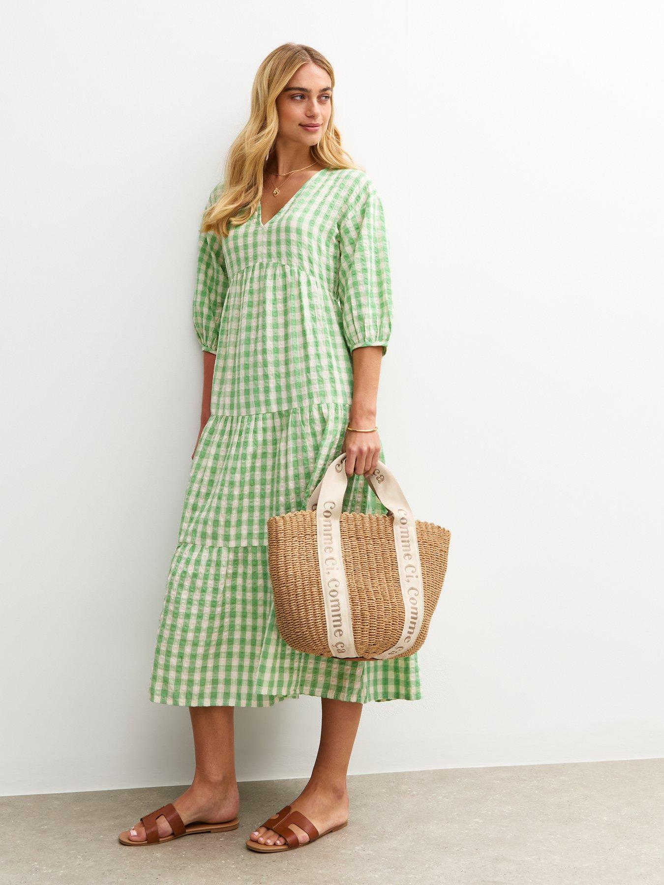 undefined Gingham Check Smock Midi Dress - Green
