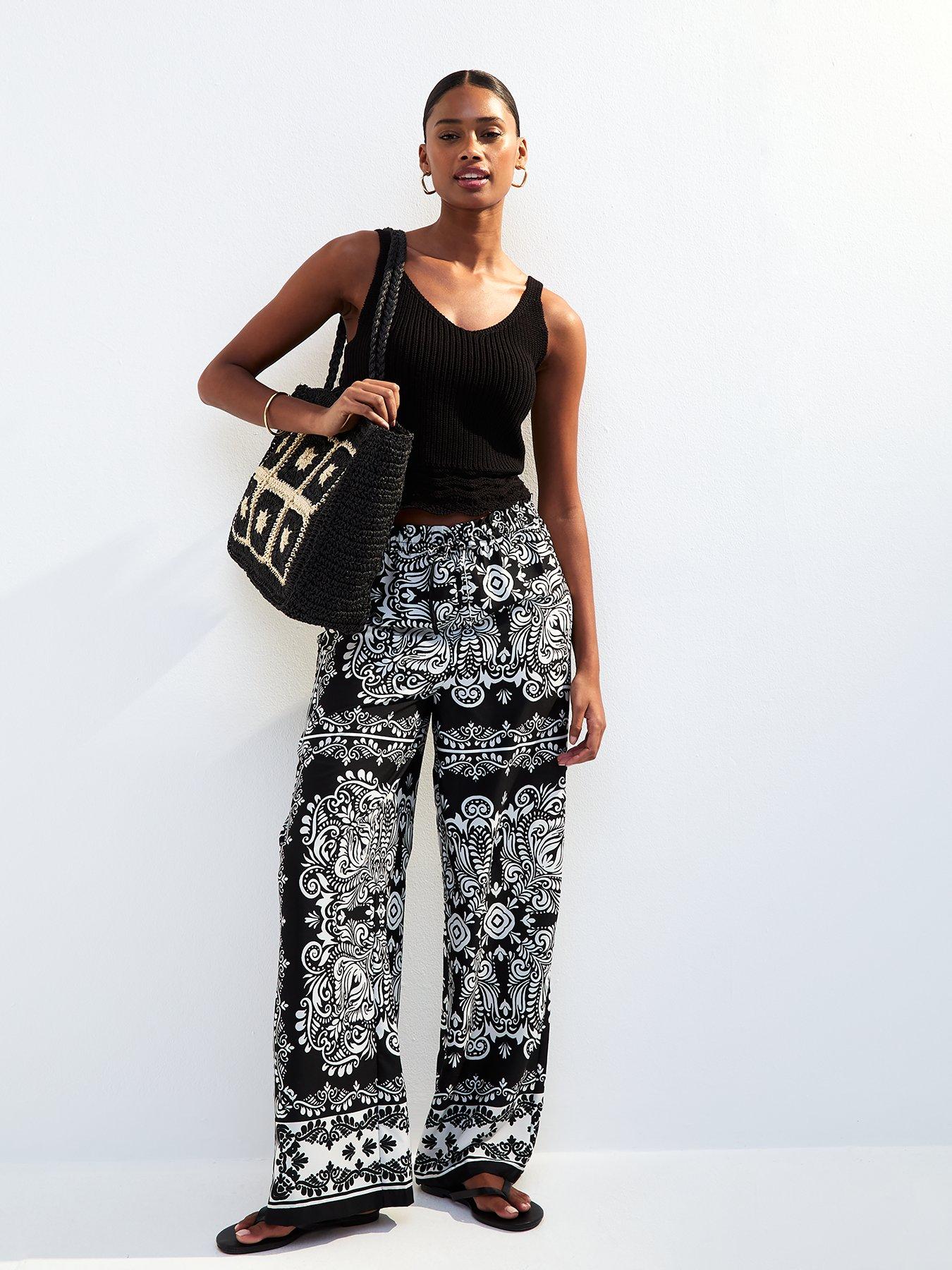 Image of New Look Black Crepe Tile Print Wide Leg Trousers