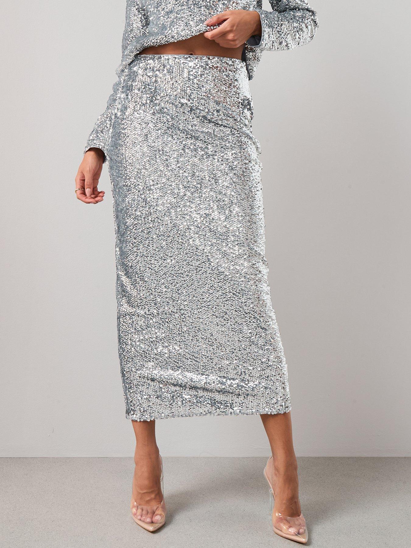 Image 1 of 6 of The Very Collection Embellished Column Midi Skirt - Silver