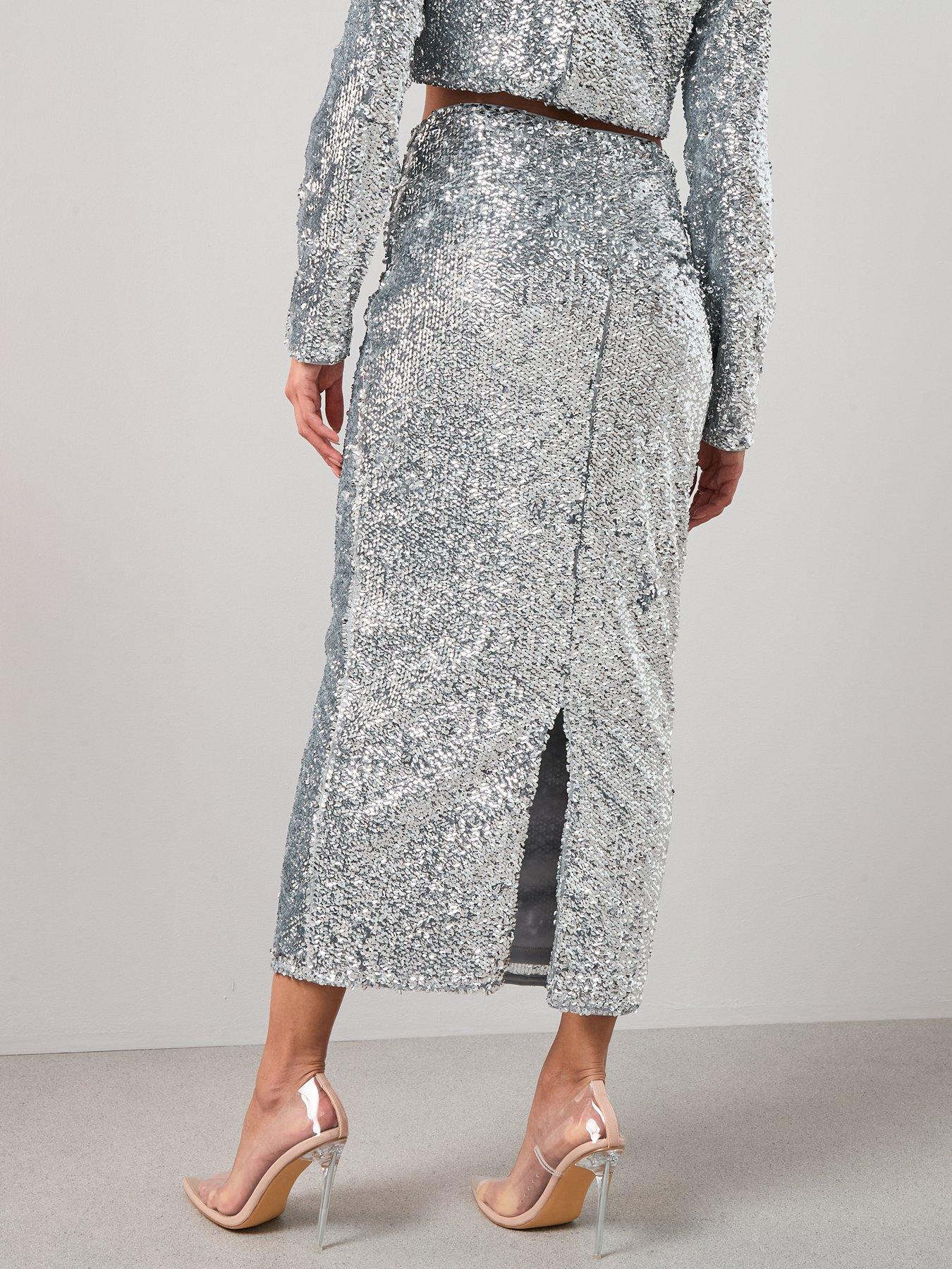 Image 2 of 6 of The Very Collection Embellished Column Midi Skirt - Silver