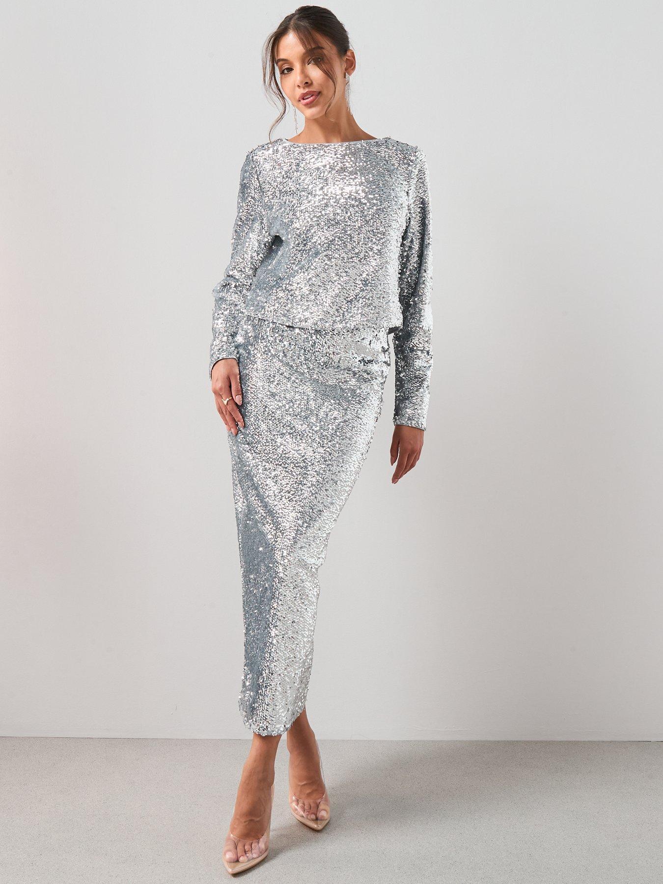 Image 3 of 6 of The Very Collection Embellished Column Midi Skirt - Silver