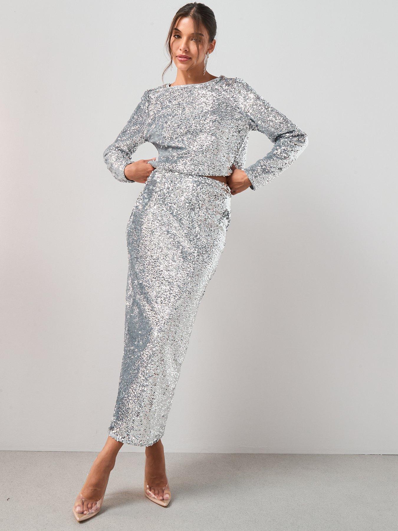 Image 5 of 6 of The Very Collection Embellished Column Midi Skirt - Silver