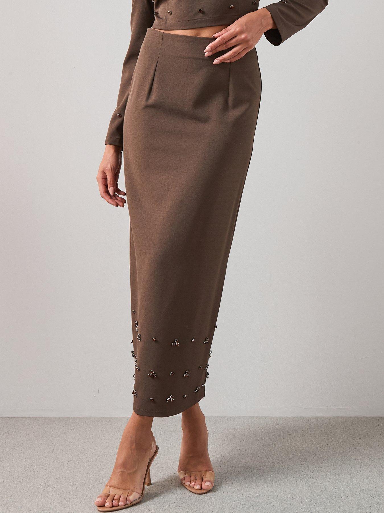Image 1 of 6 of The Very Collection Embellished Detail Midi Column Skirt - Brown
