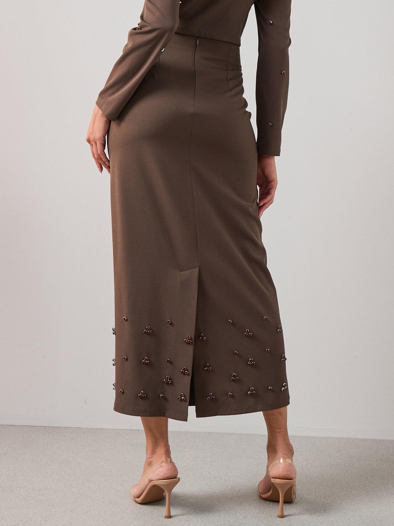Image 2 of 6 of The Very Collection Embellished Detail Midi Column Skirt - Brown