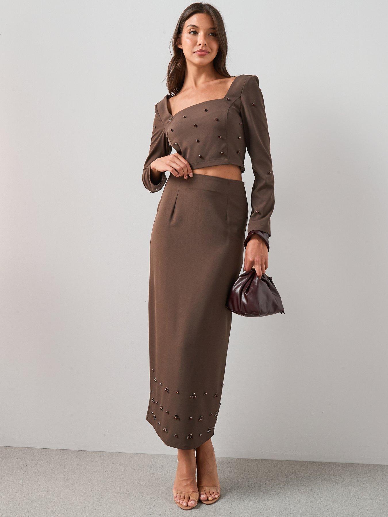 Image 3 of 6 of The Very Collection Embellished Detail Midi Column Skirt - Brown