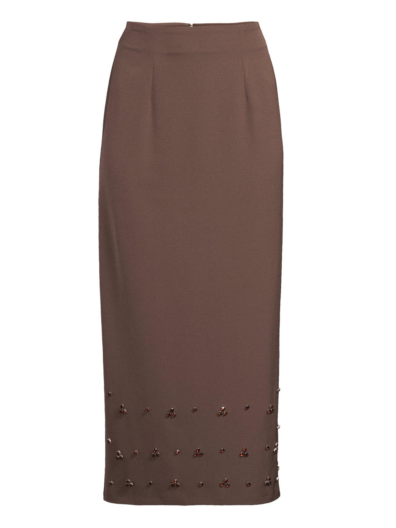 Image 6 of 6 of The Very Collection Embellished Detail Midi Column Skirt - Brown