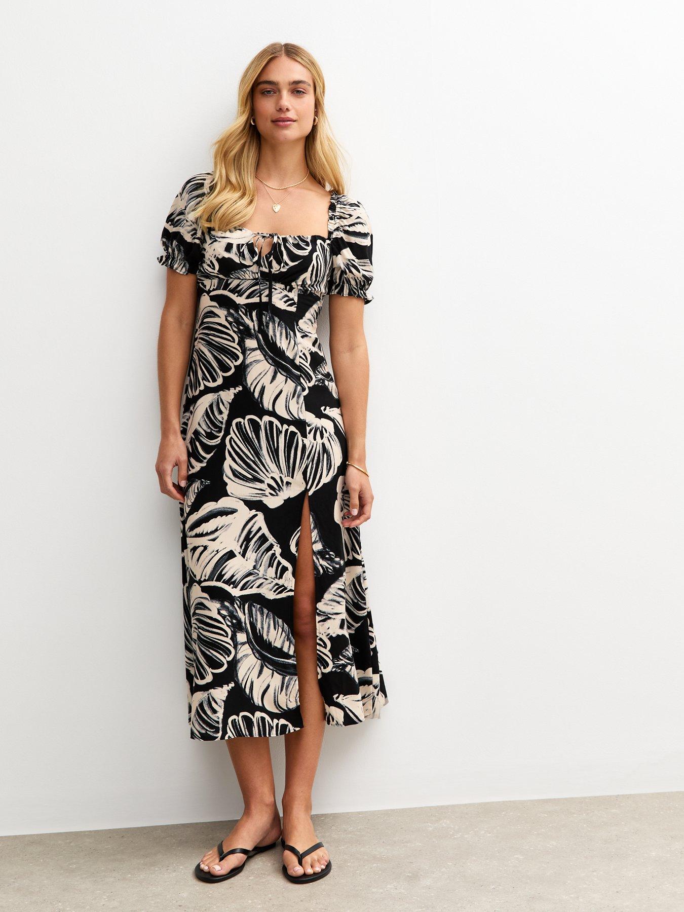 new-look-shell-print-milkmaid-midi-dress-black