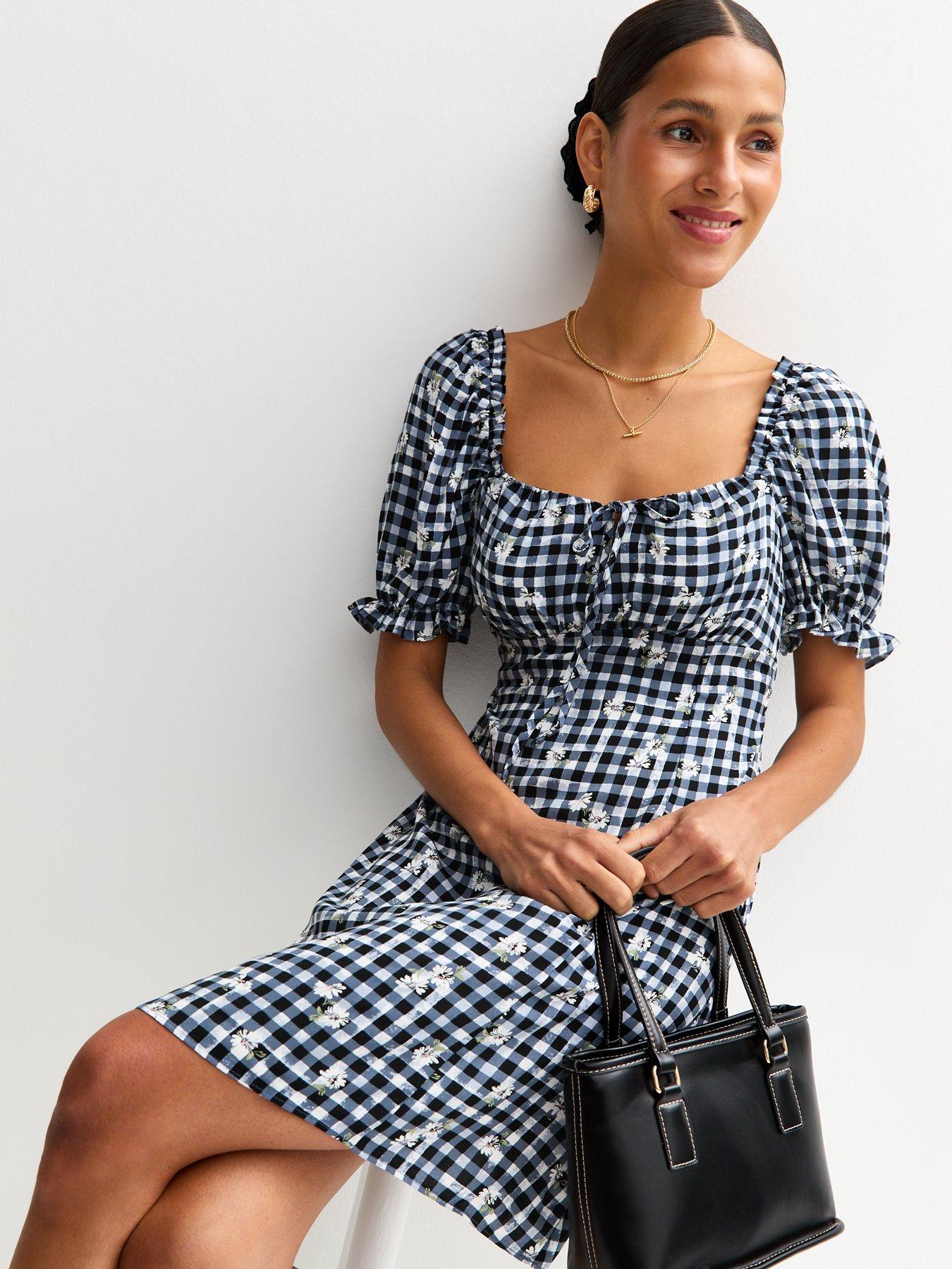 Image of New Look Navy Gingham Floral Embroidered Milkmaid Mini Dress - Blue