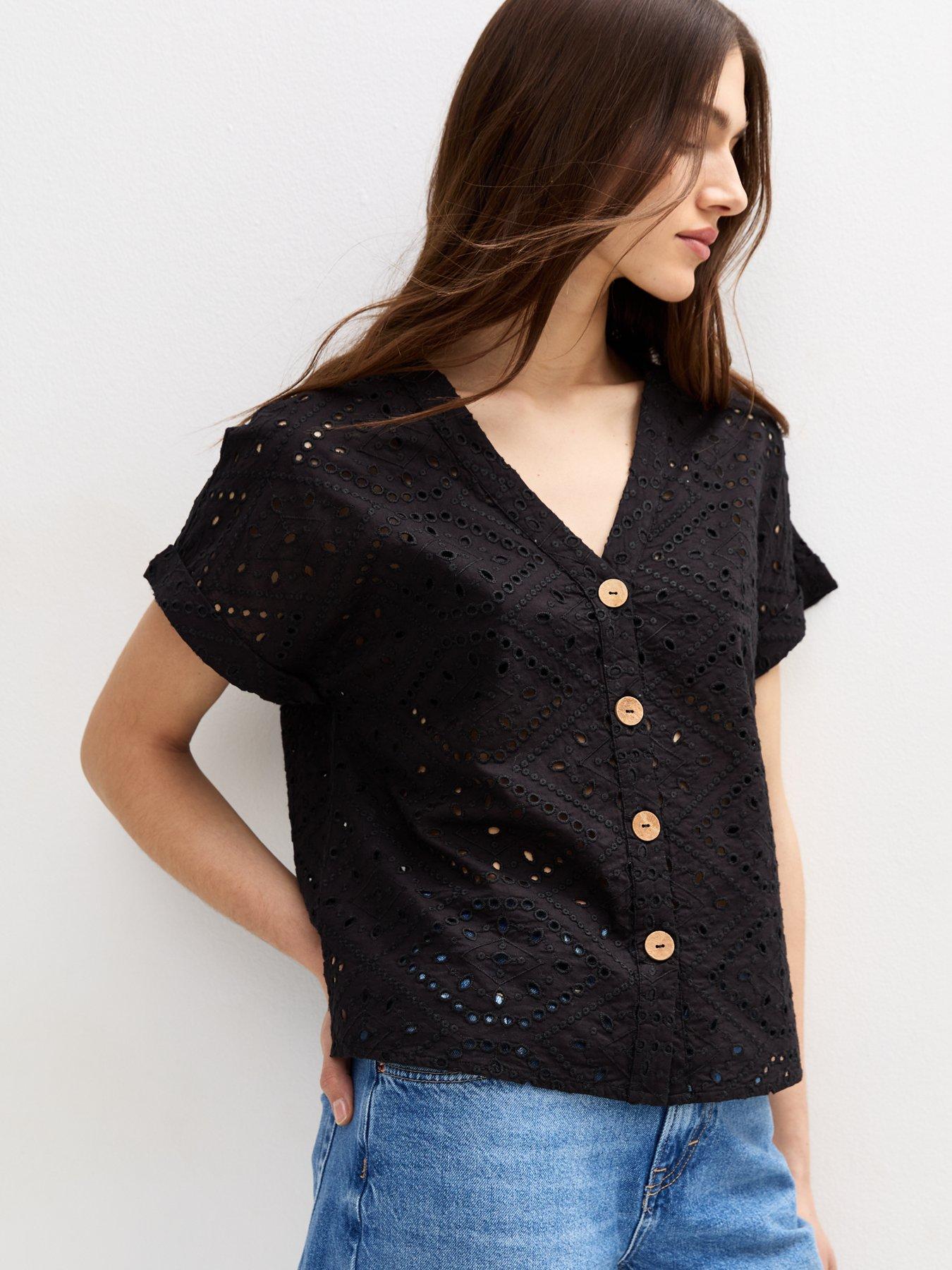 New Look Broderie Anglaise Short Sleeve Shirt - Black