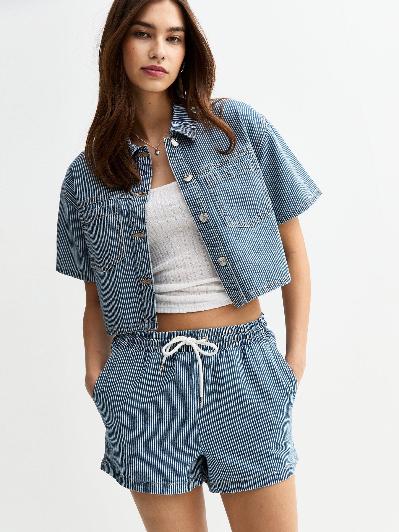 new-look-navy-stripe-print-drawstring-denim-shorts-blue