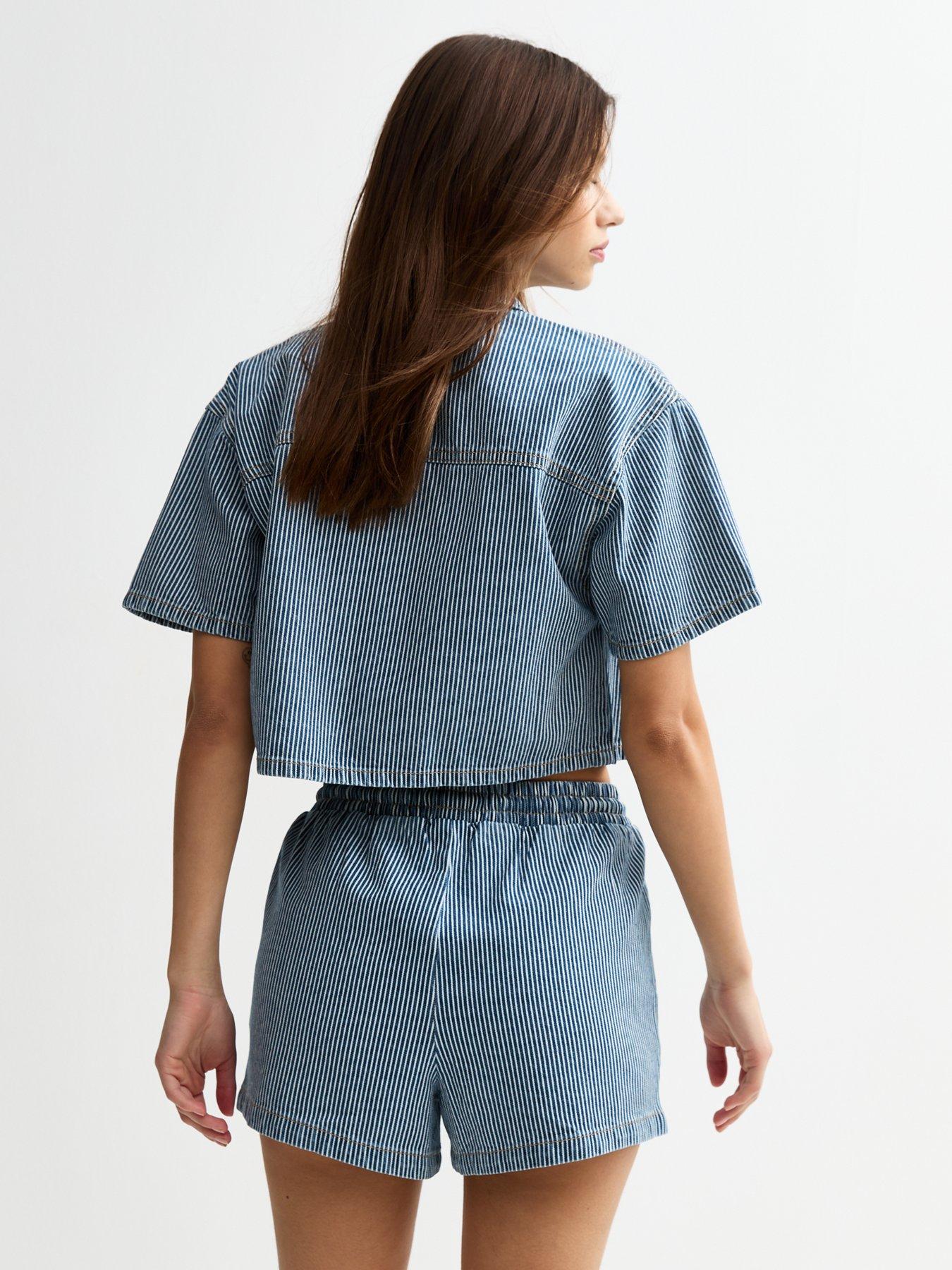 new-look-navy-stripe-print-drawstring-denim-shorts-bluestillFront
