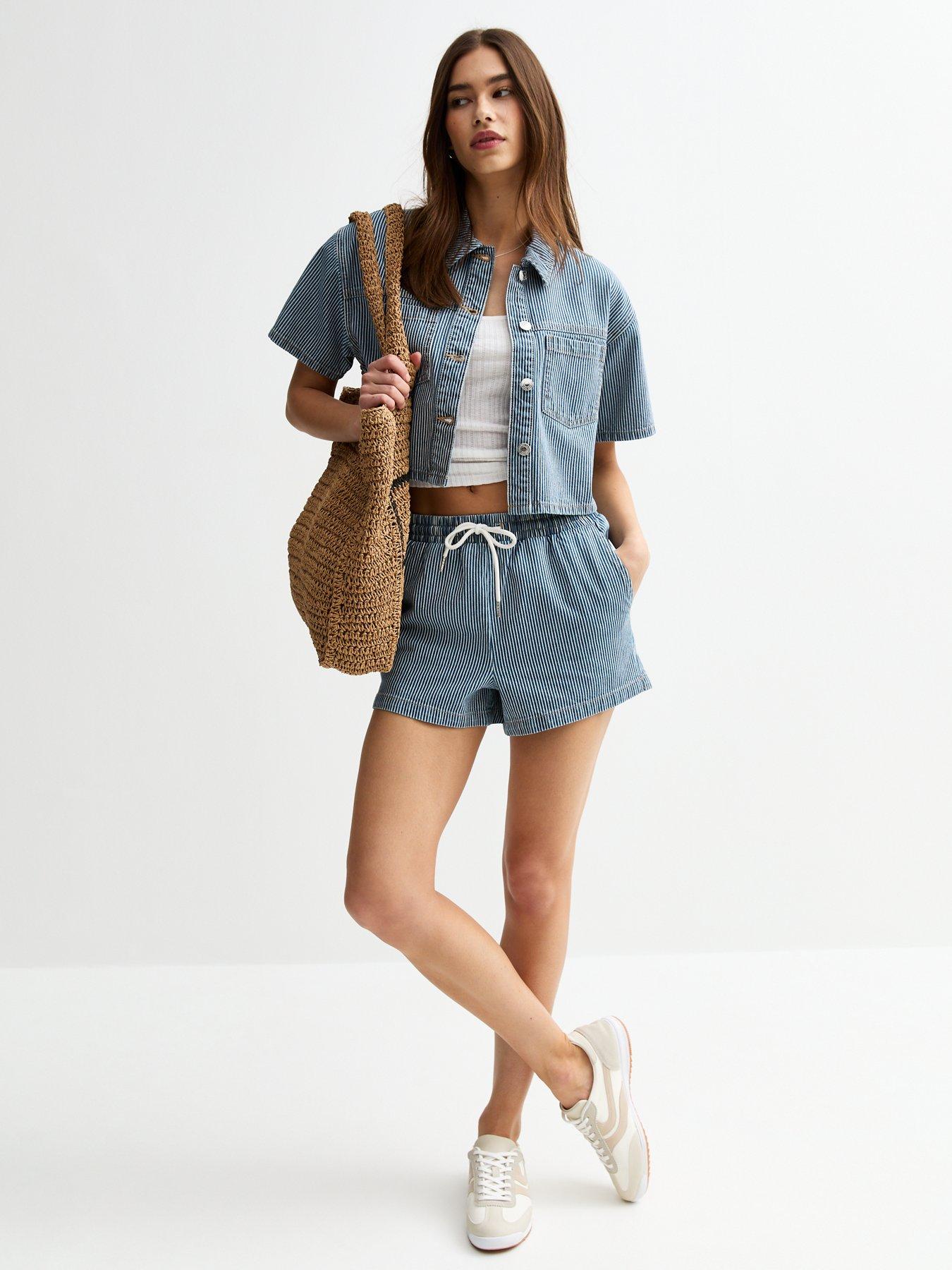 new-look-navy-stripe-print-drawstring-denim-shorts-blueback