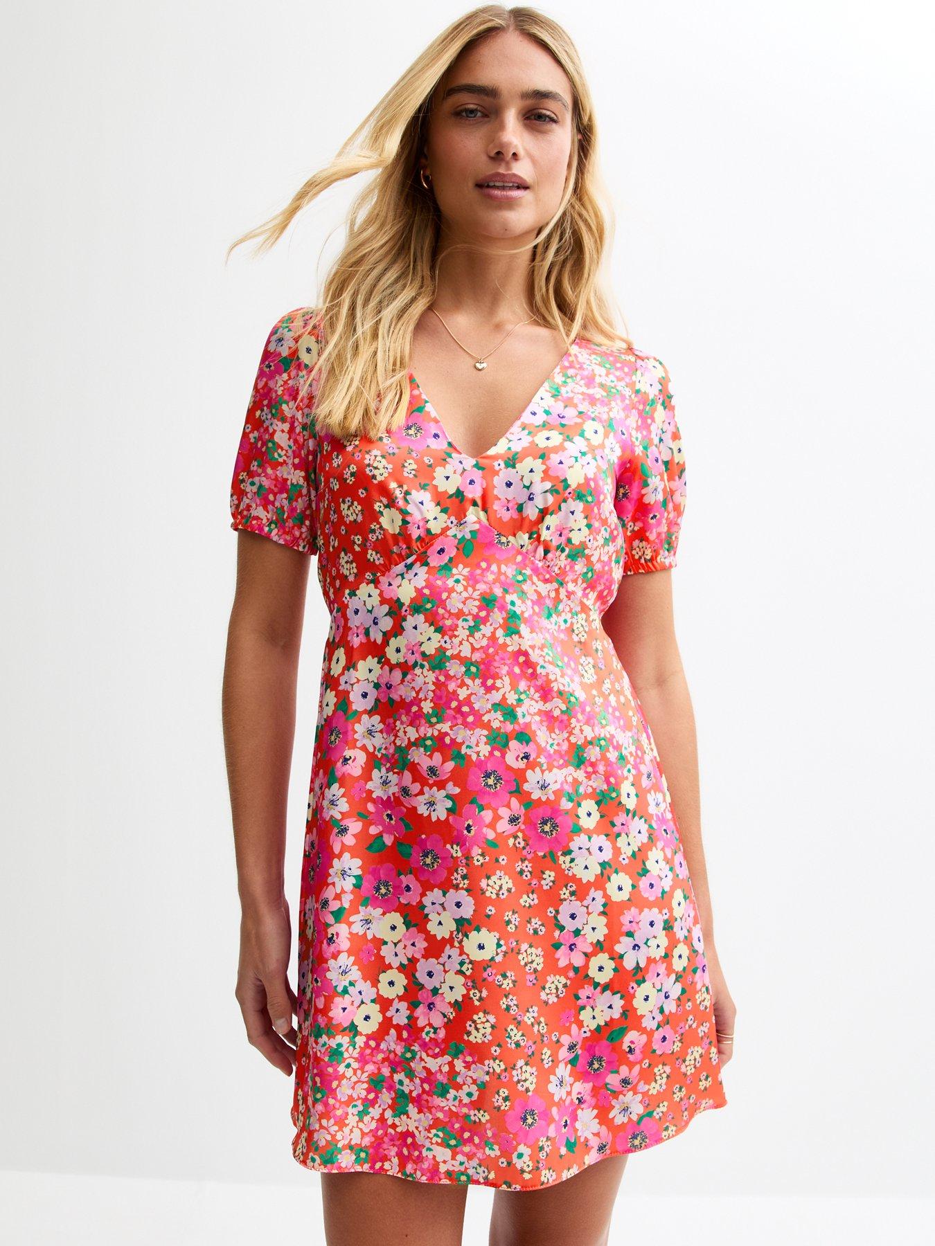 Image 1 of 5 of New Look Floral Print Satin Mini Dress - Pink