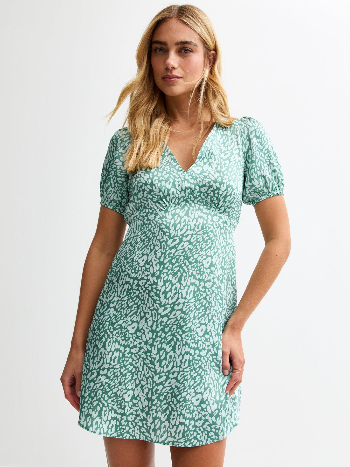 Image of New Look Blue Pattern Print Tie Back Satin Mini Dress